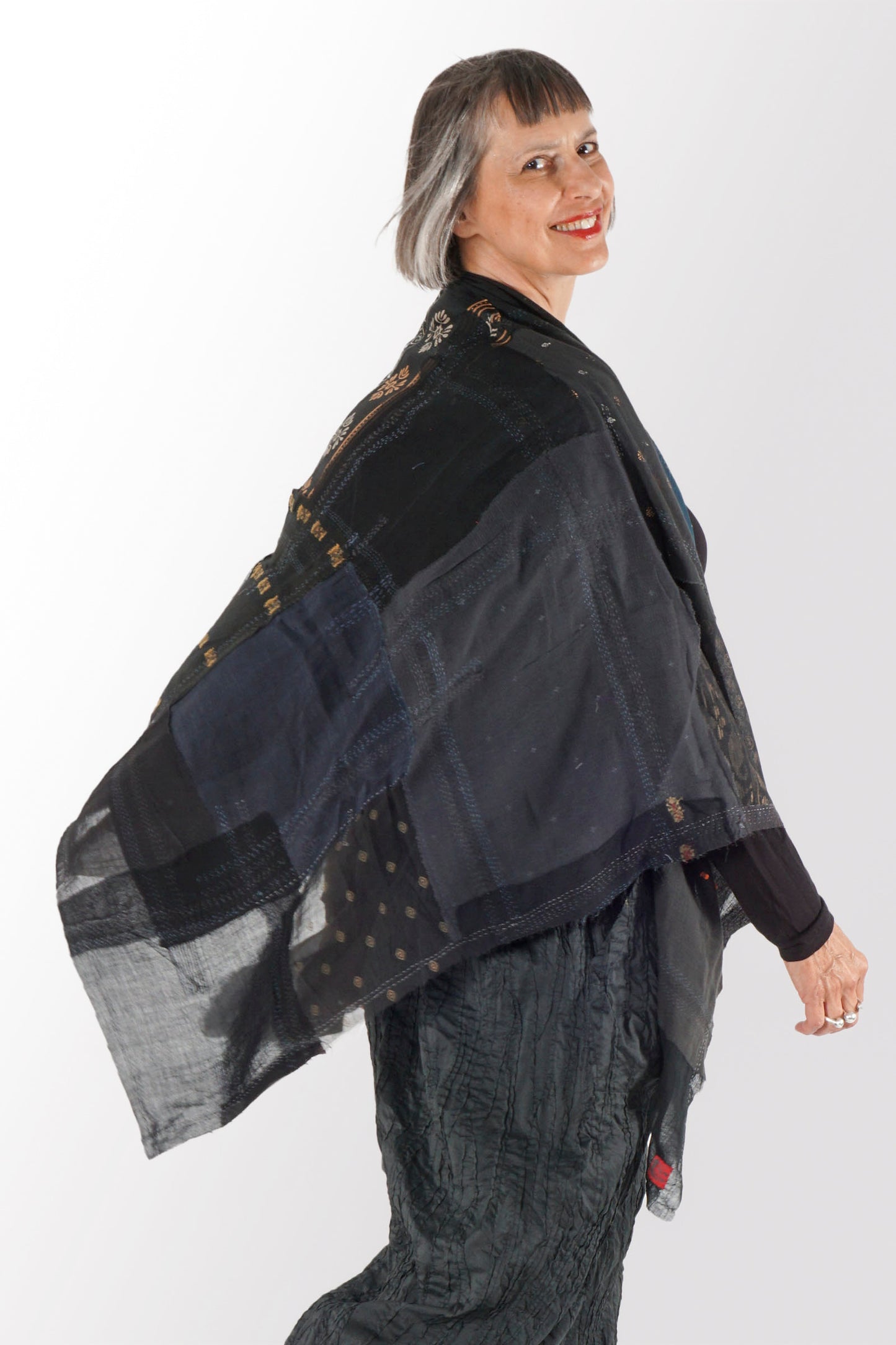 MOSAIC TILE PATCH KANTHA SQUARE SCARF X-LARGE - mt1812-blk -