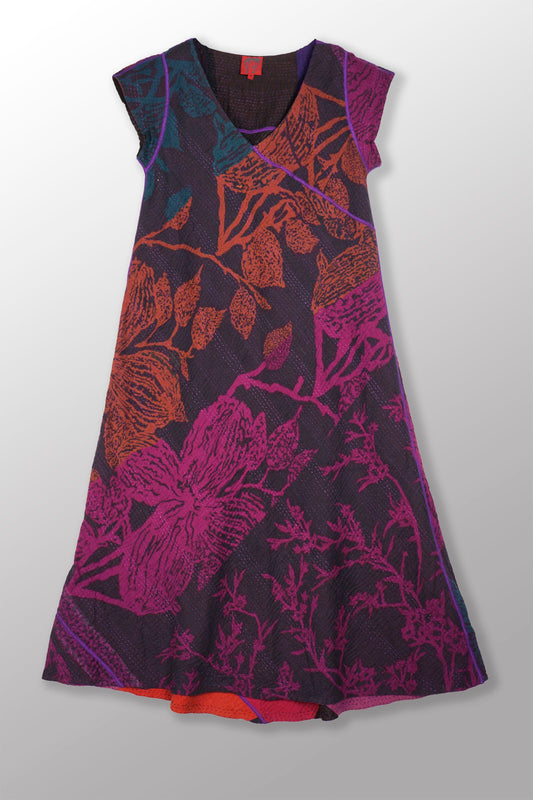NIGHT FLOWERS KANTHA CAP SLV. SEMI FLARE DRESS - nl4452-prp -