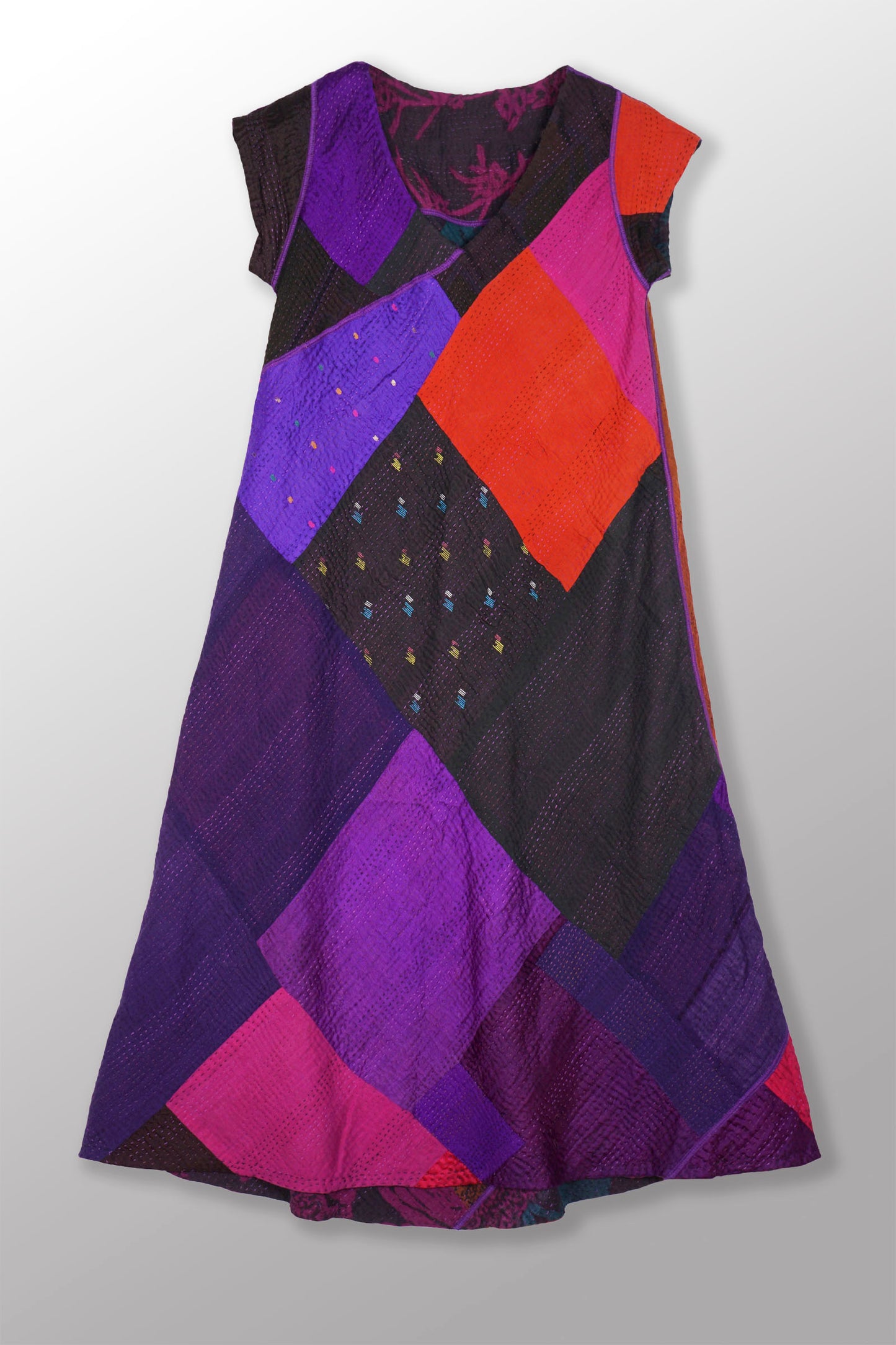 NIGHT FLOWERS KANTHA CAP SLV. SEMI FLARE DRESS - nl4452-prp -