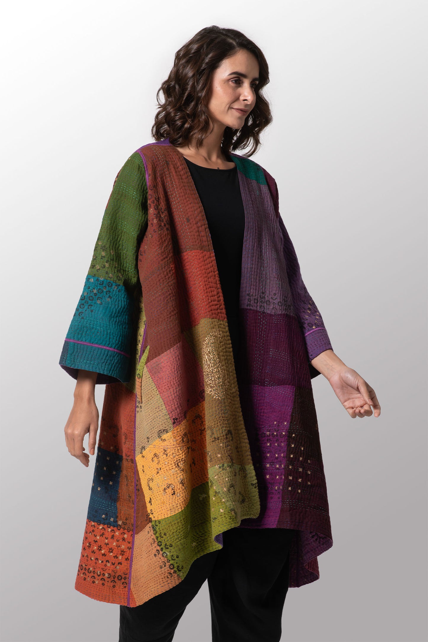 OMBRE PATCHED GOLD STAMP KANTHA WRAP FLARE COAT - og4330-mlt -