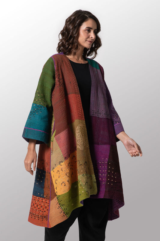 OMBRE PATCHED GOLD STAMP KANTHA WRAP FLARE COAT - og4330-mlt -