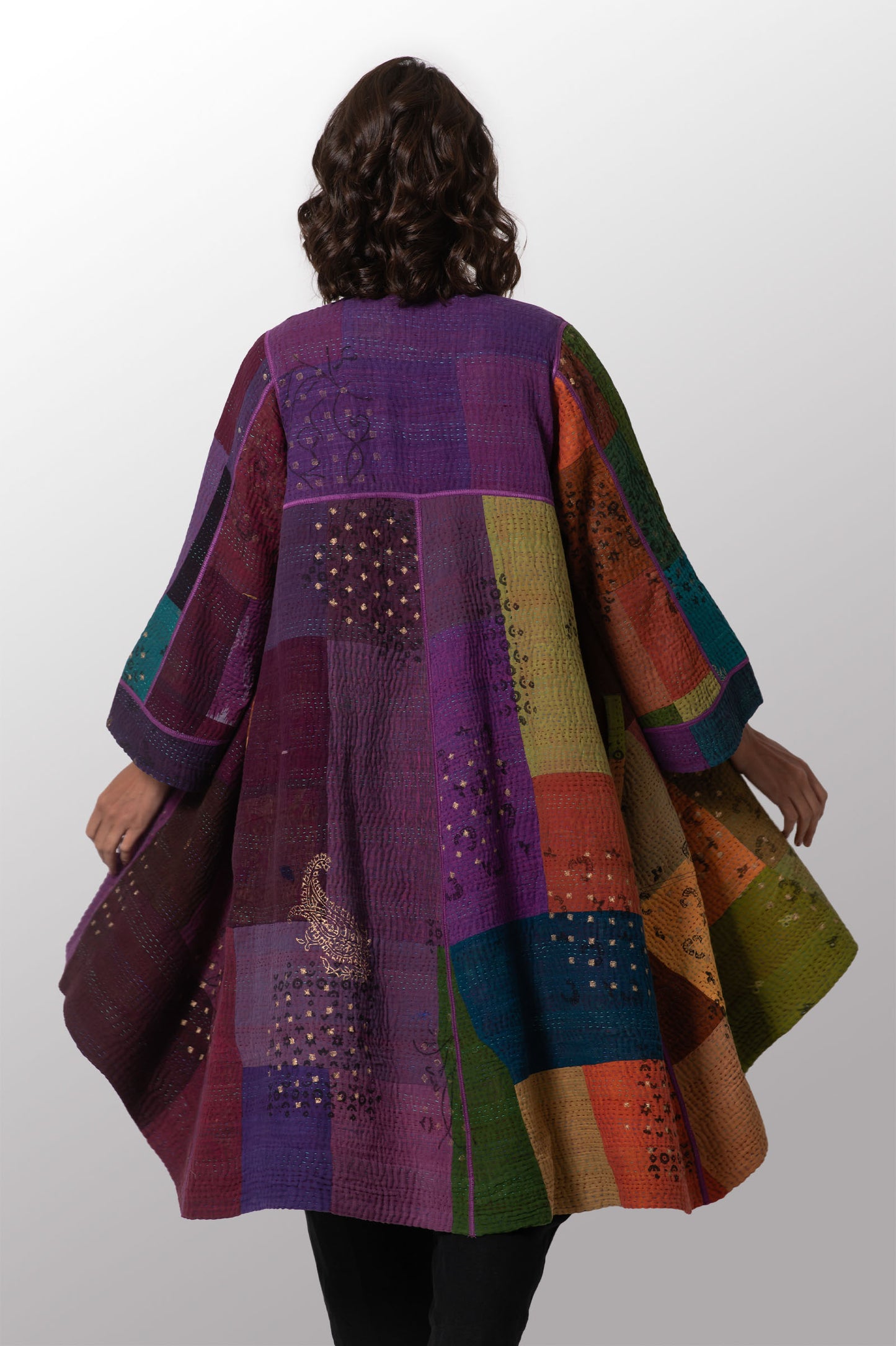 OMBRE PATCHED GOLD STAMP KANTHA WRAP FLARE COAT - og4330-mlt -