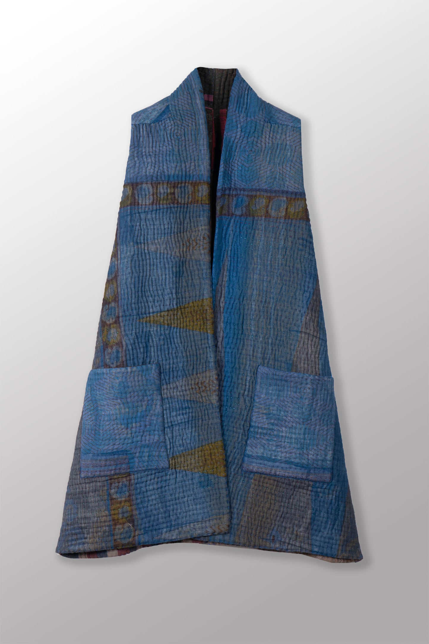 QUILTED OVER DYE COTTON KANTHA KIMONO VEST - oq5247-cblu001s -