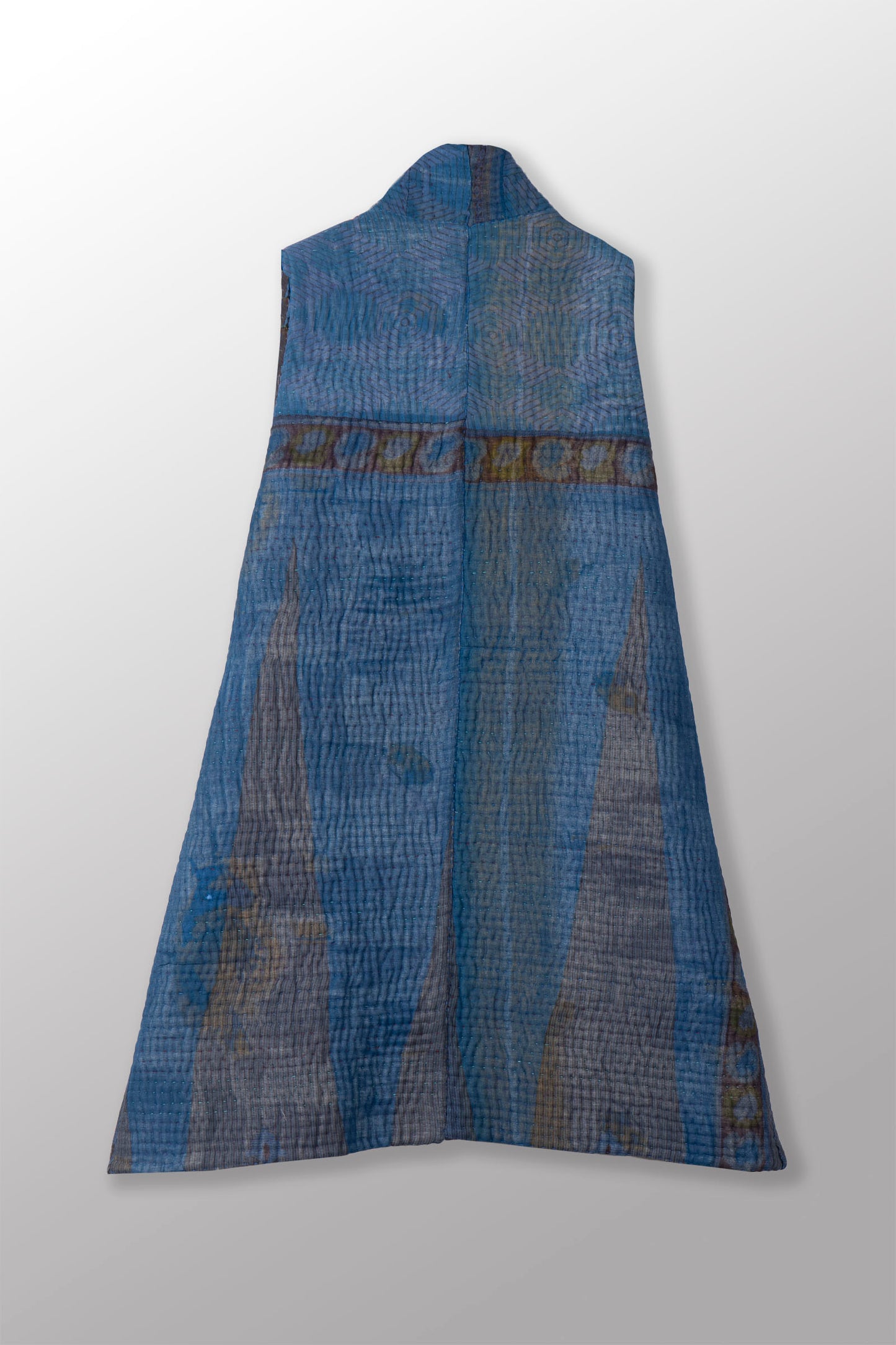 QUILTED OVER DYE COTTON KANTHA KIMONO VEST - oq5247-cblu001s -