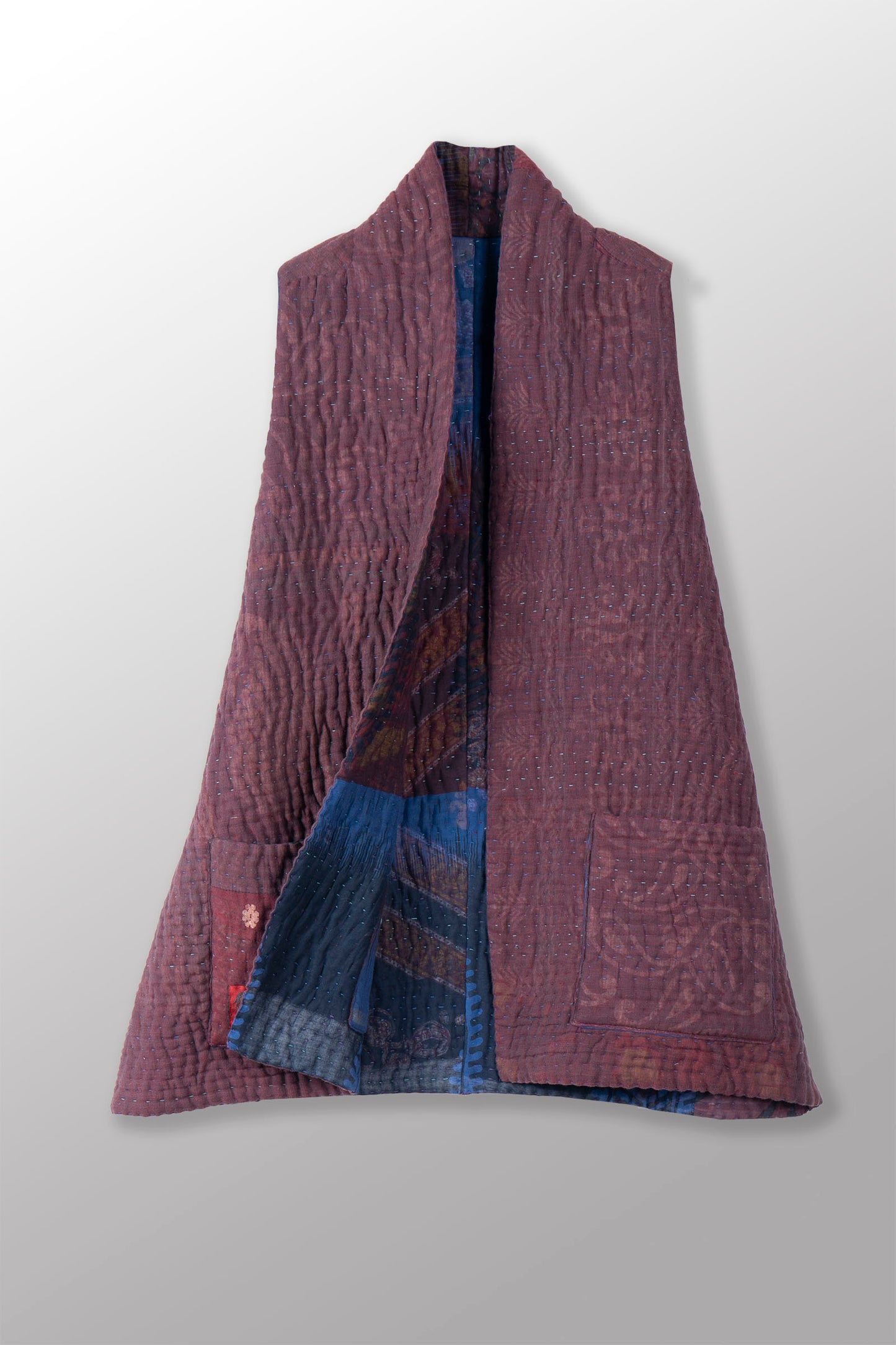 QUILTED OVER DYE COTTON KANTHA KIMONO VEST SHORT - oq5248-cblu001m -