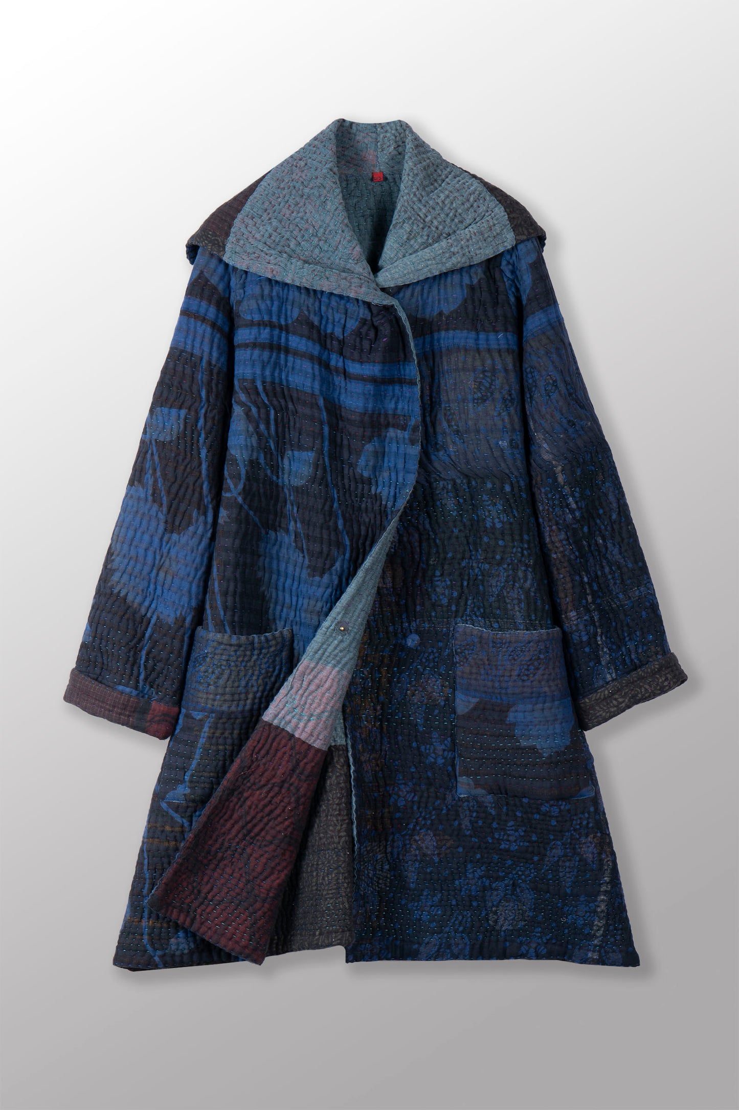 QUILTED OVER DYE COTTON KANTHA POCKET MEDIUM COAT - oq5346-cblu008s -