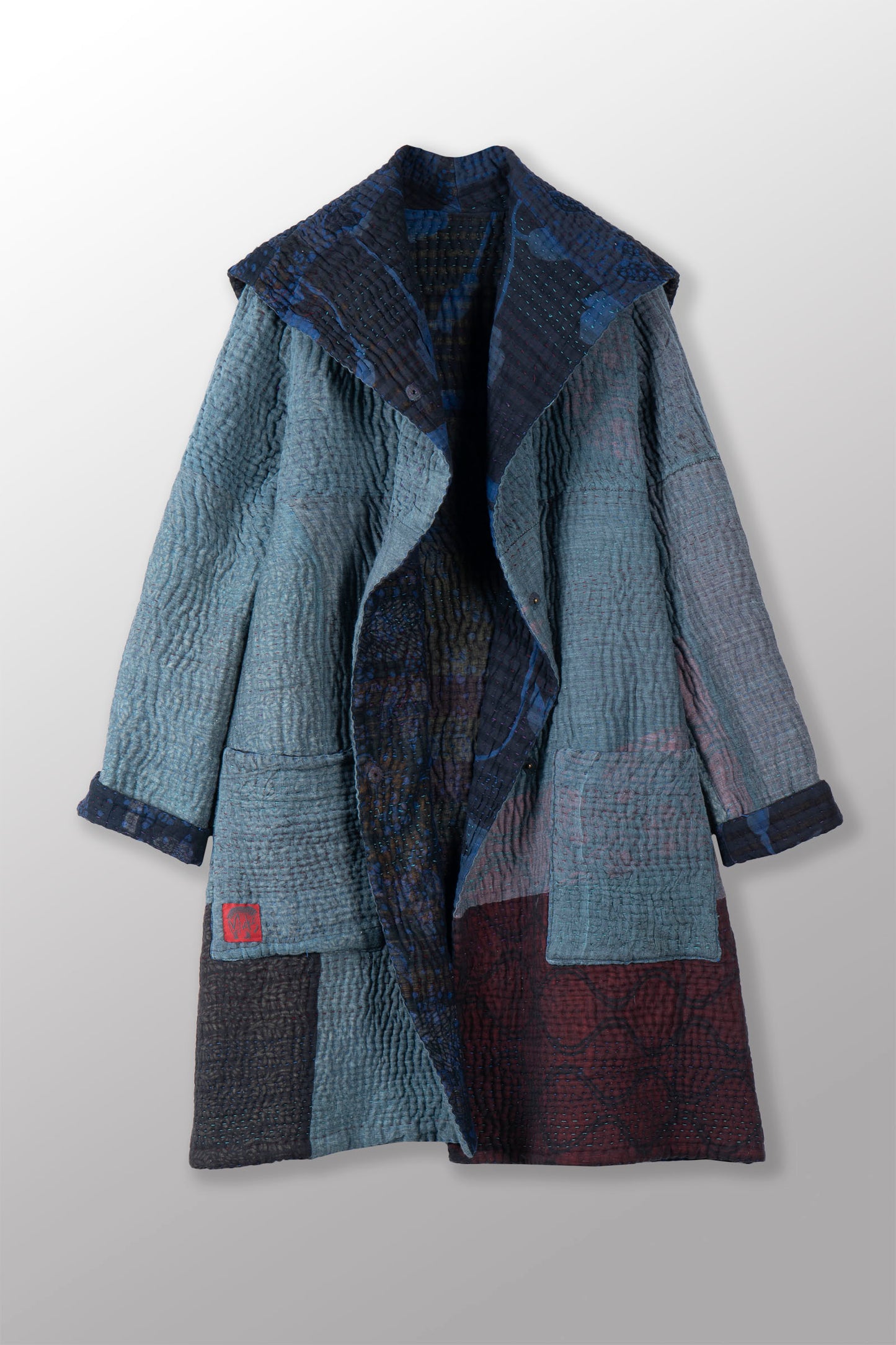 QUILTED OVER DYE COTTON KANTHA POCKET MEDIUM COAT - oq5346-cblu008s -