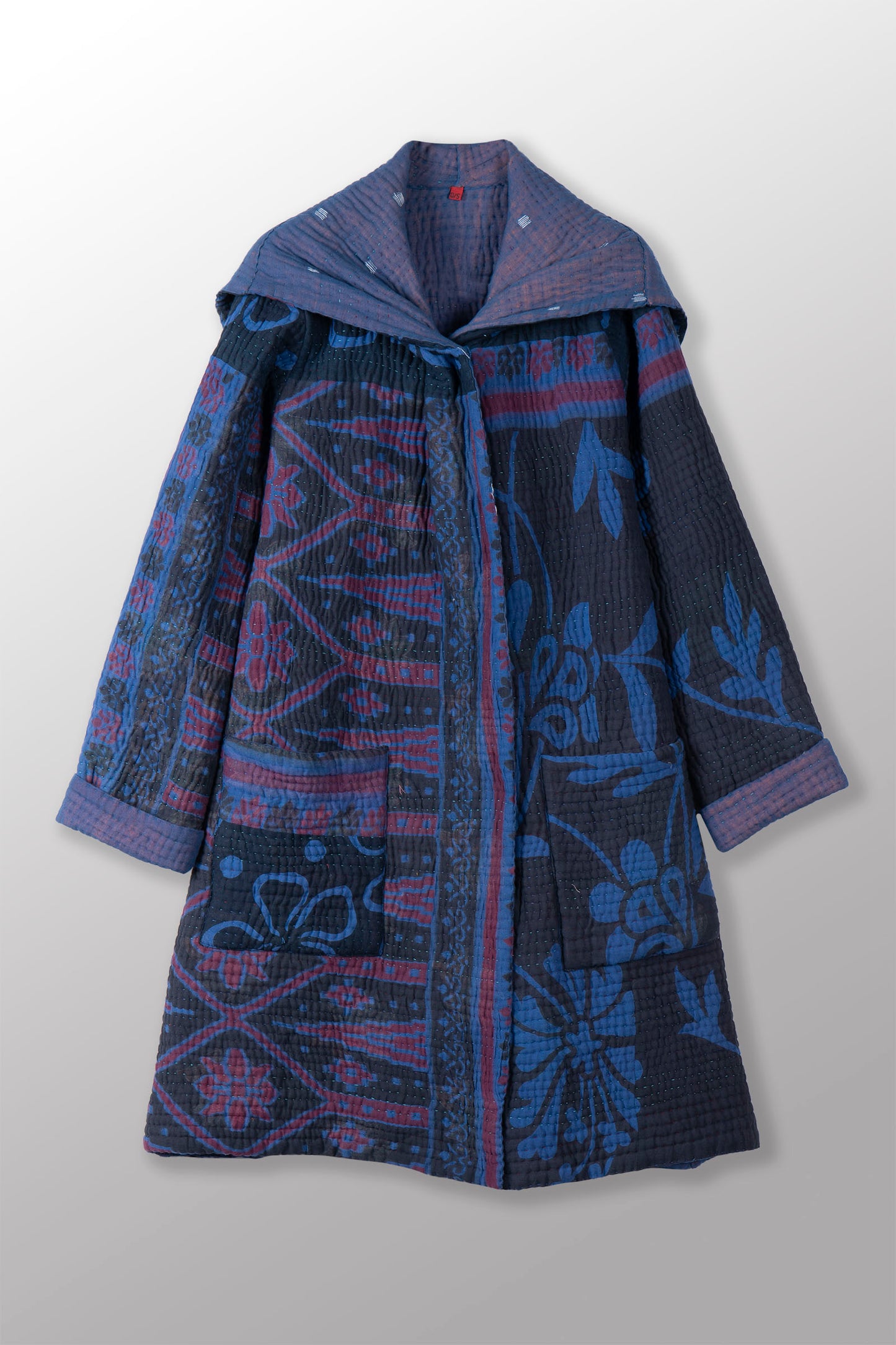 QUILTED OVER DYE COTTON KANTHA POCKET MEDIUM COAT - oq5346-cblu009s -