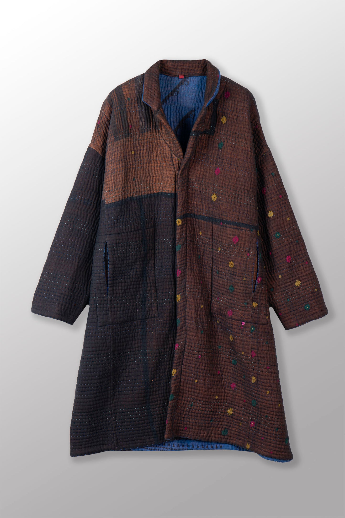 QUILTED OVER DYE COTTON KANTHA OVERSIZED MEDIUM COAT - oq5331-cblu003a -