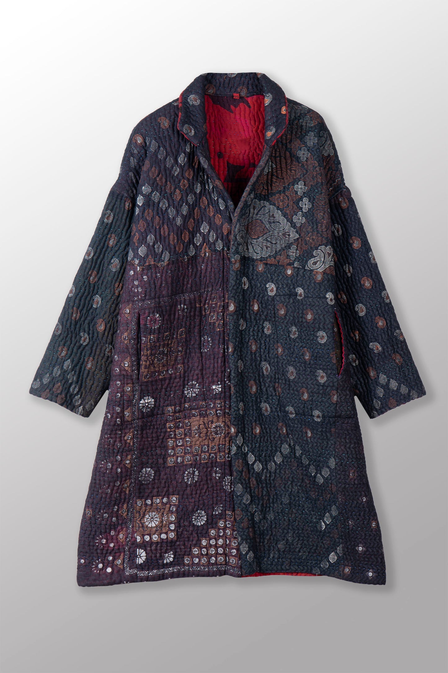 QUILTED OVER DYE COTTON KANTHA OVERSIZED MEDIUM COAT - oq5331-cred004a -