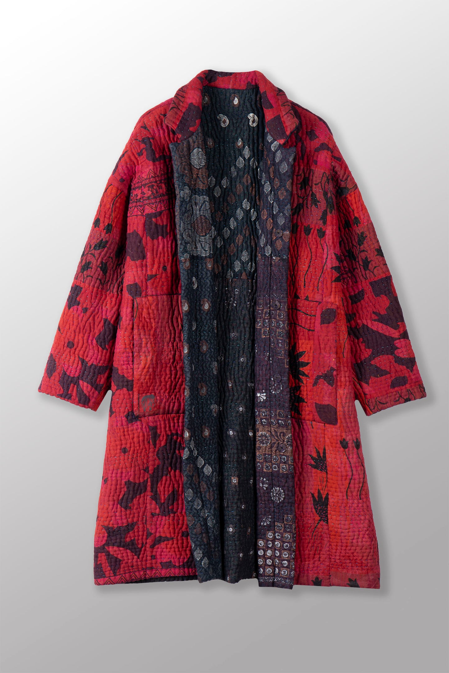 QUILTED OVER DYE COTTON KANTHA OVERSIZED MEDIUM COAT - oq5331-cred004a -