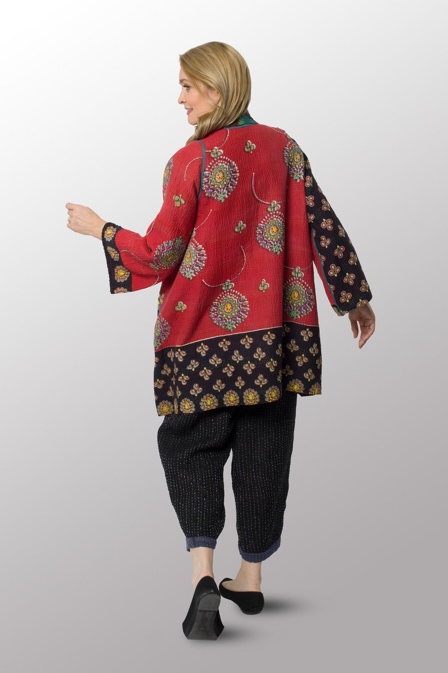 COTTON OVER DYE KANTHA A-LINE JKT - ov4003-cgrn028a -