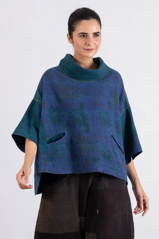 COTTON OVER DYE KANTHA COWL NECK PONCHO - ov4061-0001a -