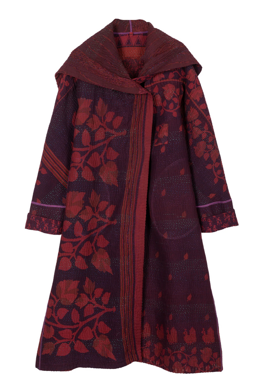 COTTON OVER DYE KANTHA A-LINE LONG COAT - ov4302-0002a -