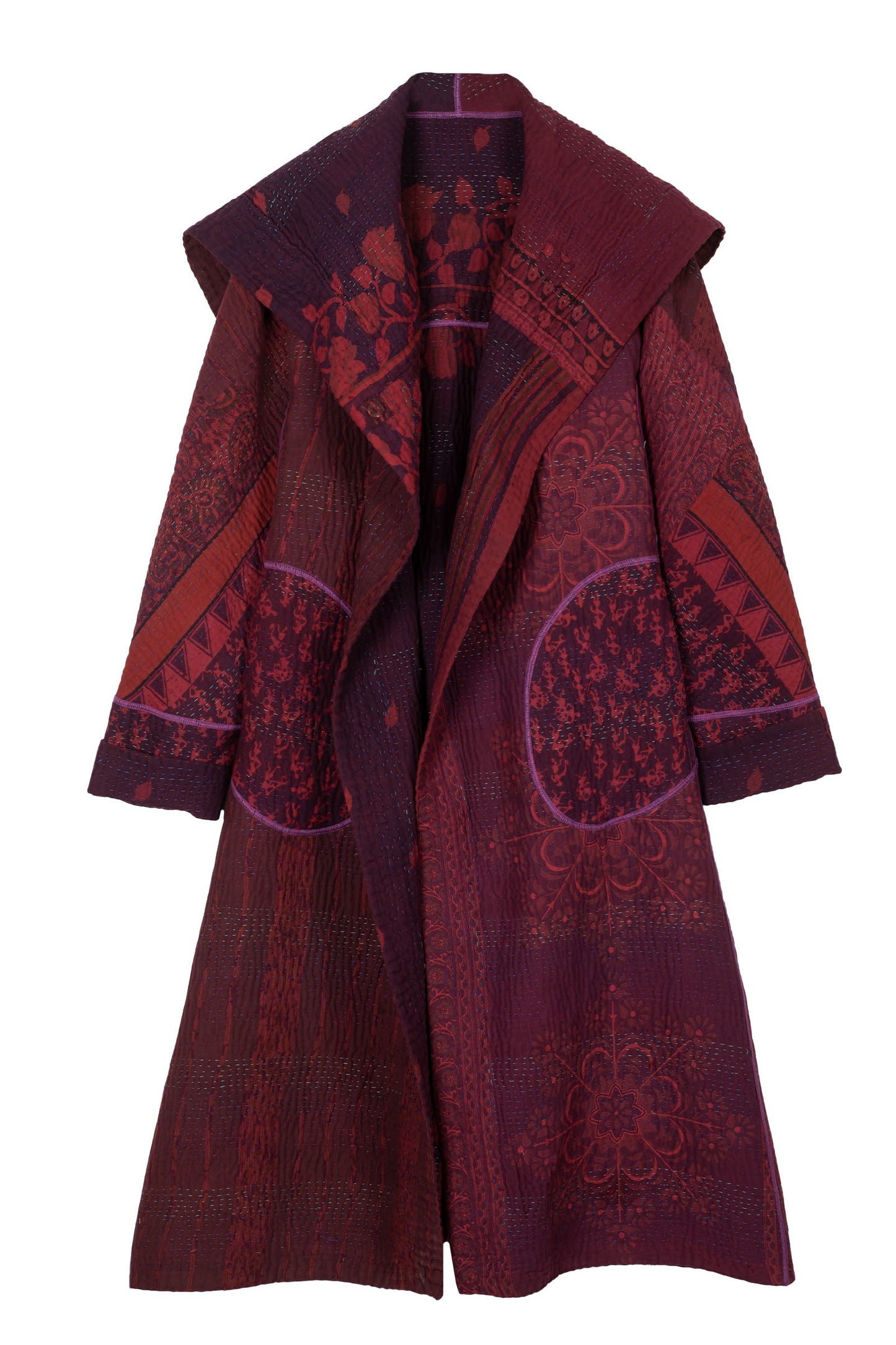 COTTON OVER DYE KANTHA A-LINE LONG COAT - ov4302-0002a -