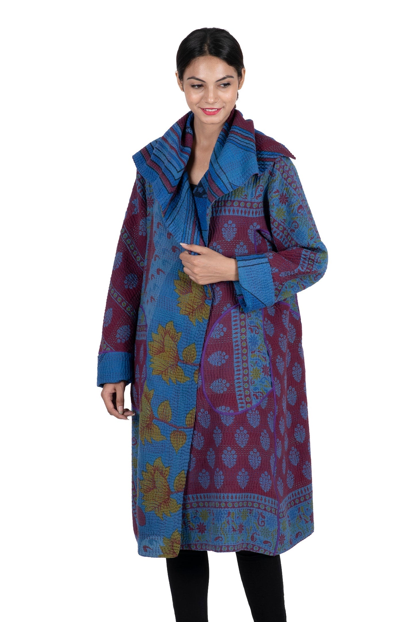 COTTON OVER DYE KANTHA A-LINE COAT - ov4309-0001a -