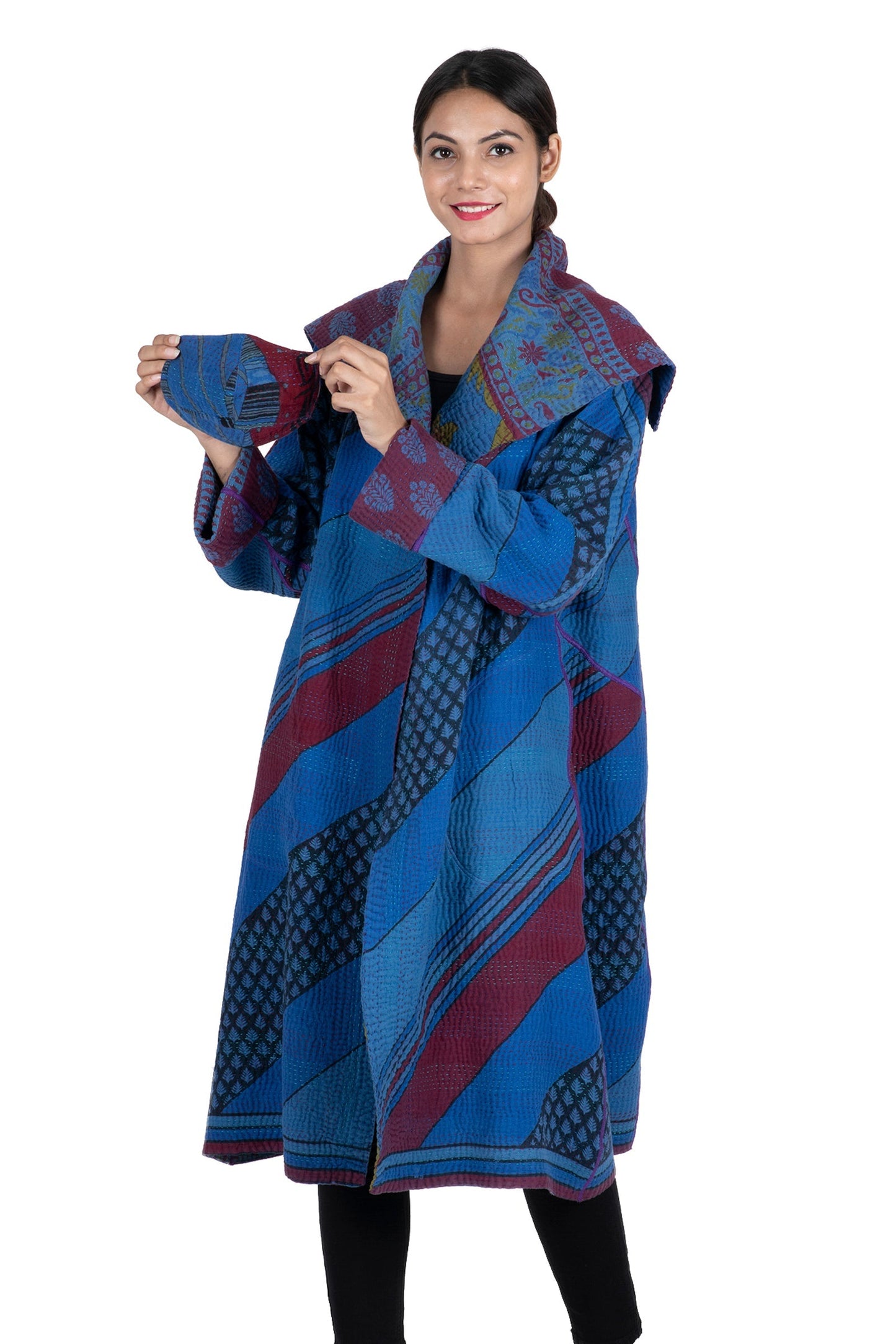 COTTON OVER DYE KANTHA A-LINE COAT - ov4309-0001a -