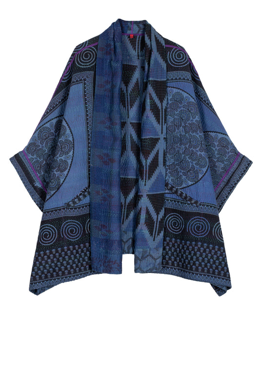 COTTON OVER DYE KANTHA DOUBLE COLLAR PONCHO - ov4323-0001a -