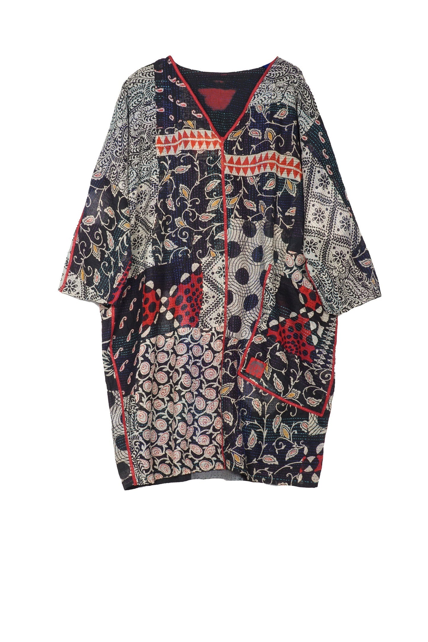 PATCH & CIRCLE PRINT KANTHA DOLMAN SLV. DRESS - pc2410-blk -