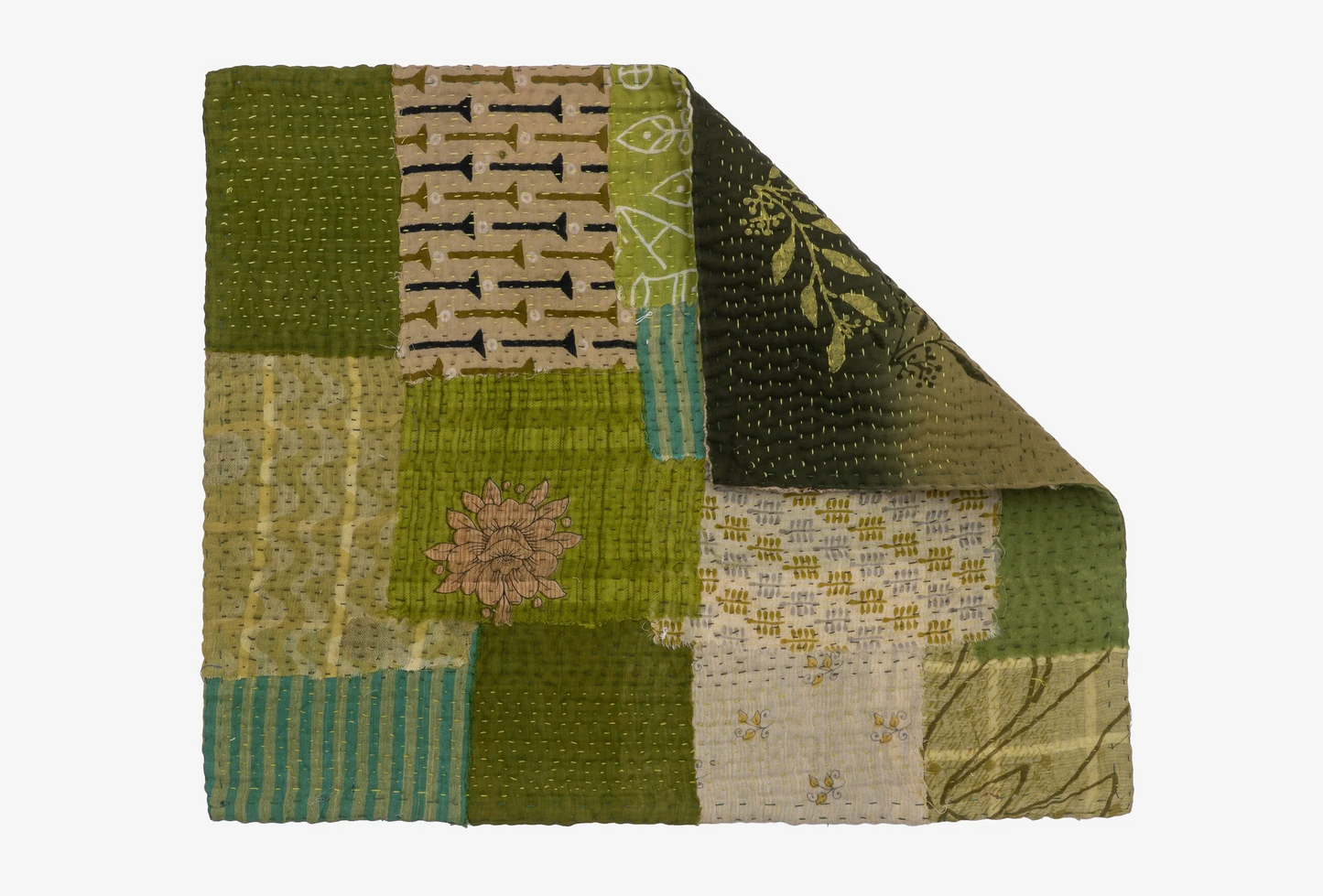 Vintage Fray Patch & Ombre Kantha Placemat -Green -