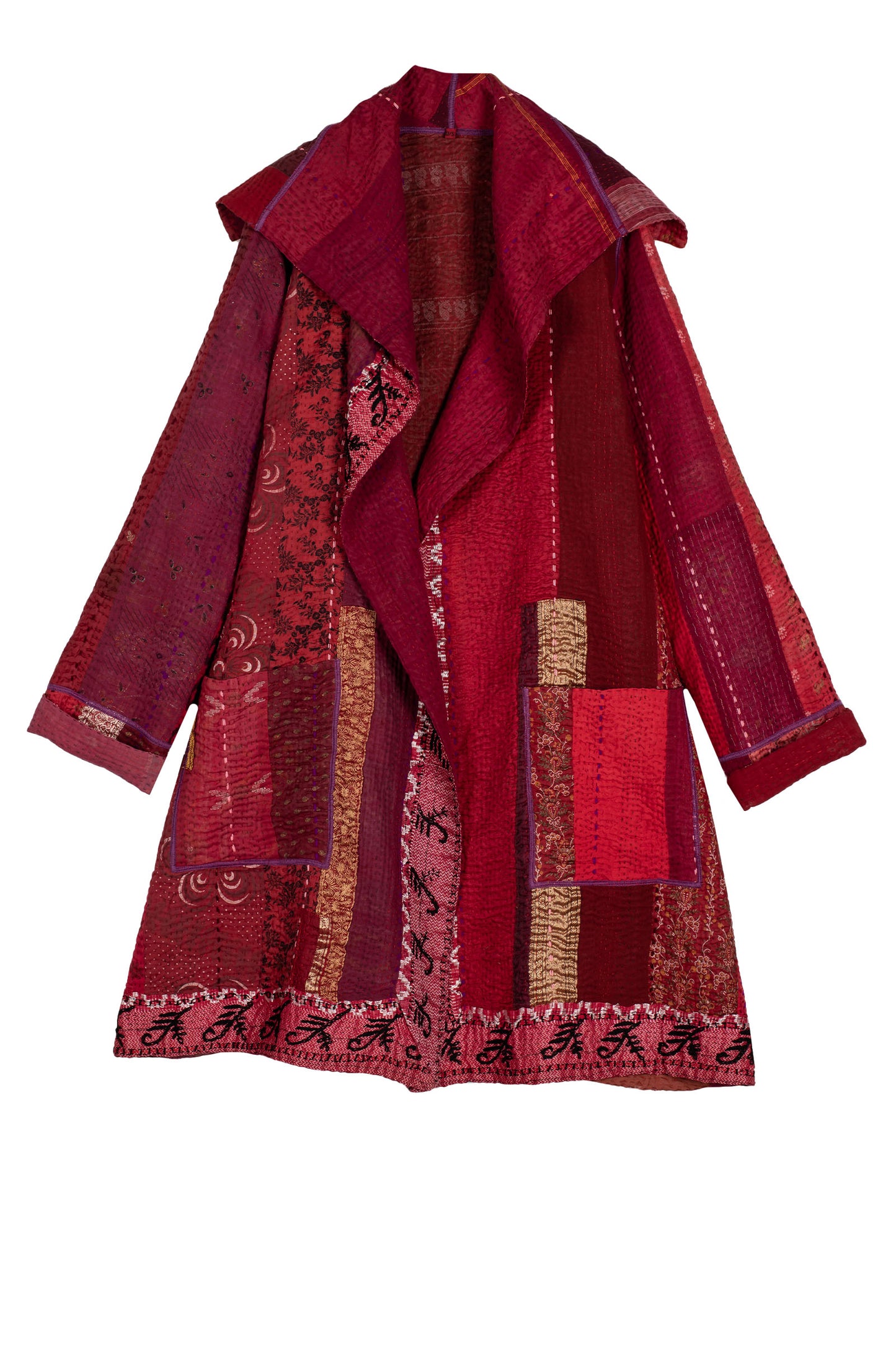 STRIPE RALLIS KANTHA POCKET MEDIUM COAT - pr4316-red -