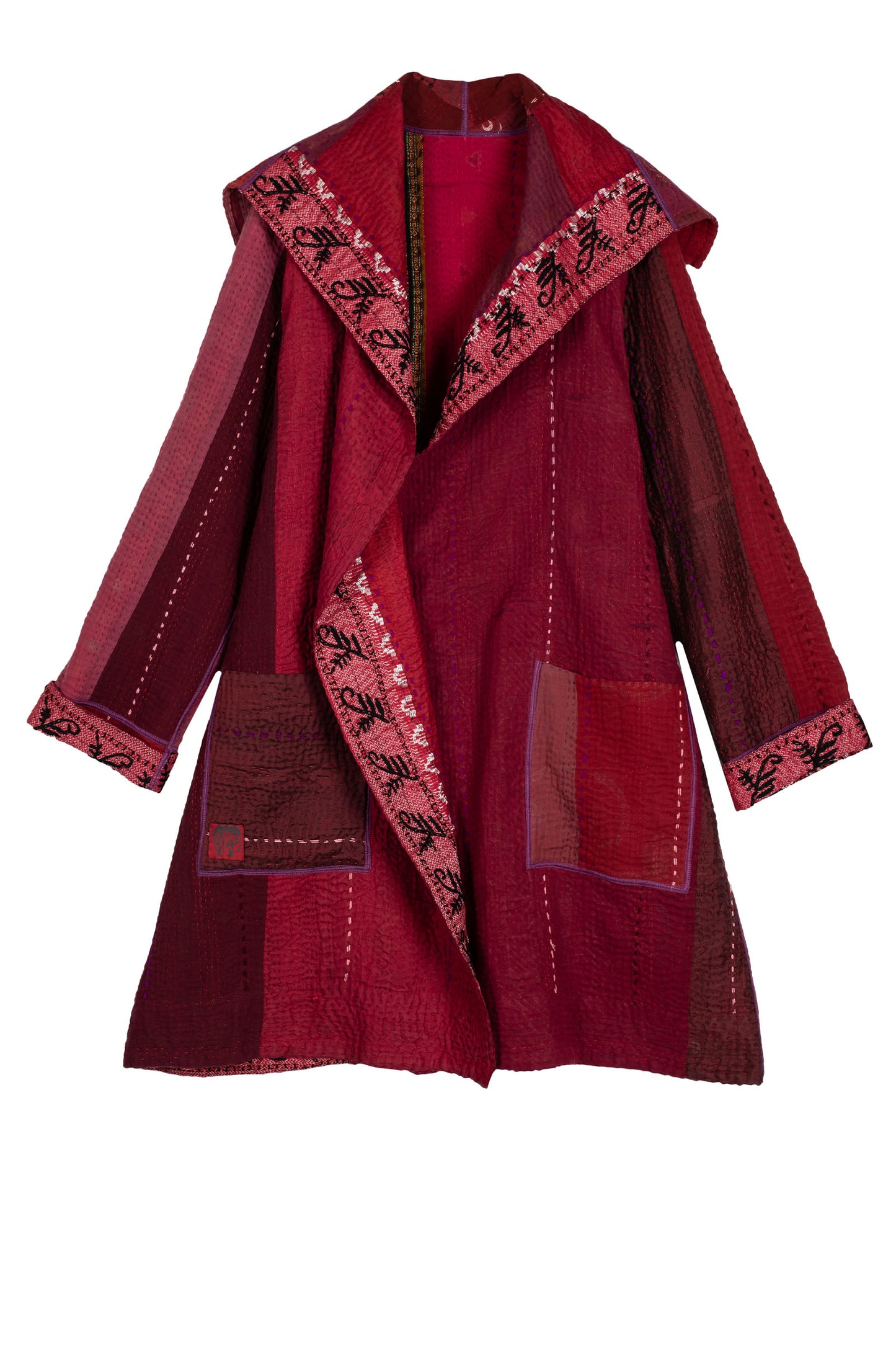 STRIPE RALLIS KANTHA POCKET MEDIUM COAT - pr4316-red -