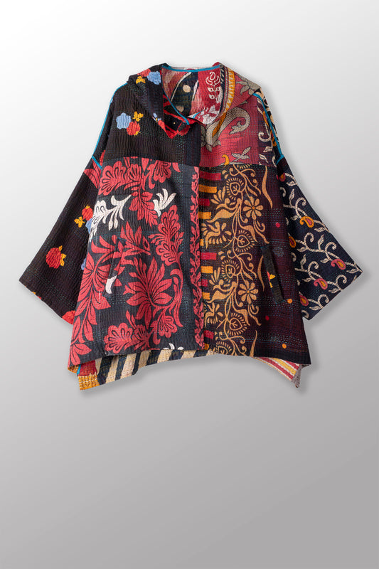 PUZZLE KANTHA HOODIE PONCHO - pz4064-red -