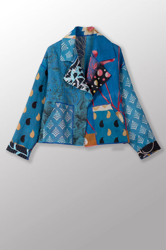 PUZZLE KANTHA LAPELED SINGLE SHORT JACKET - pz4087-blu -