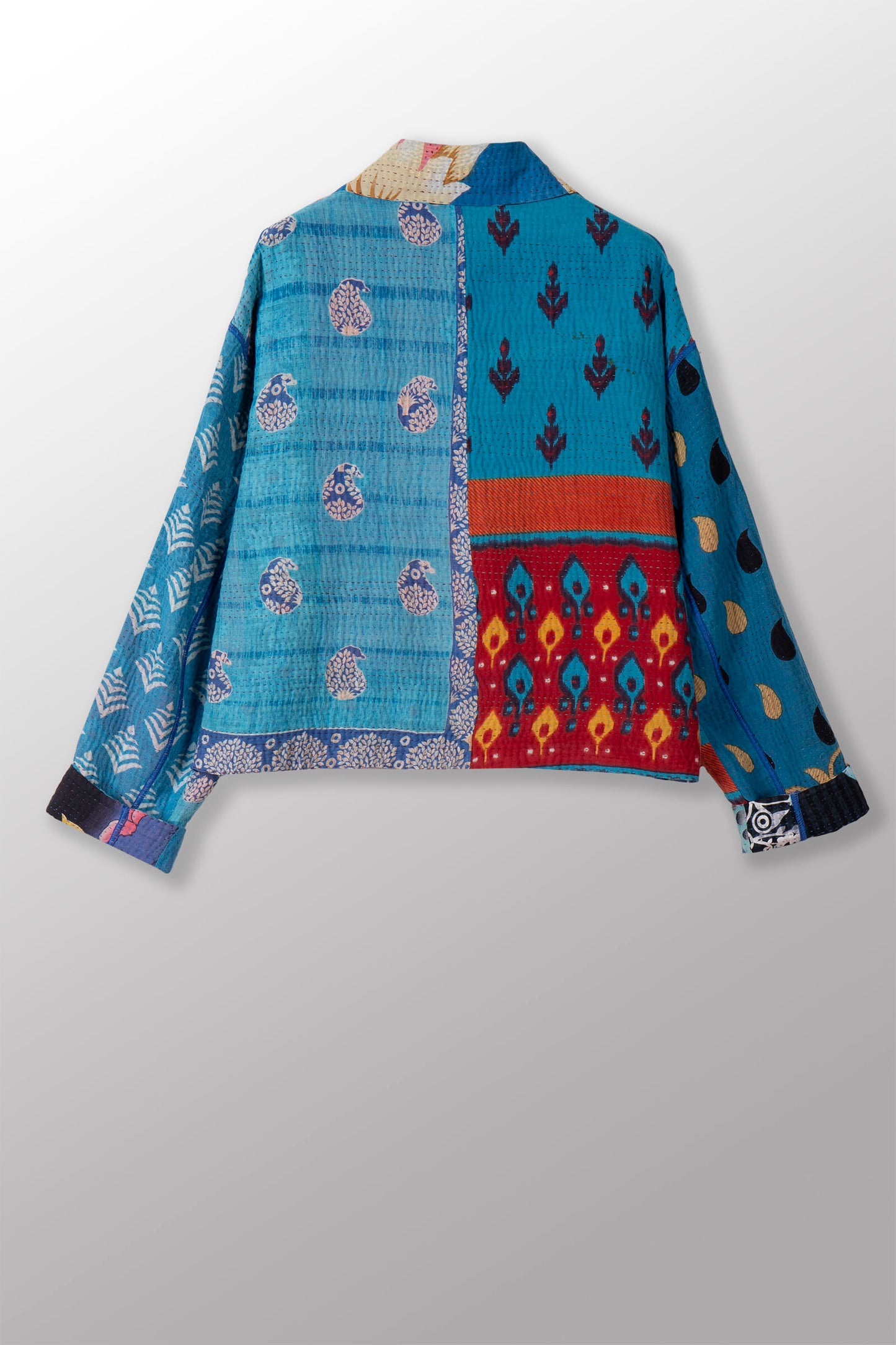 PUZZLE KANTHA LAPELED SINGLE SHORT JACKET - pz4087-blu -