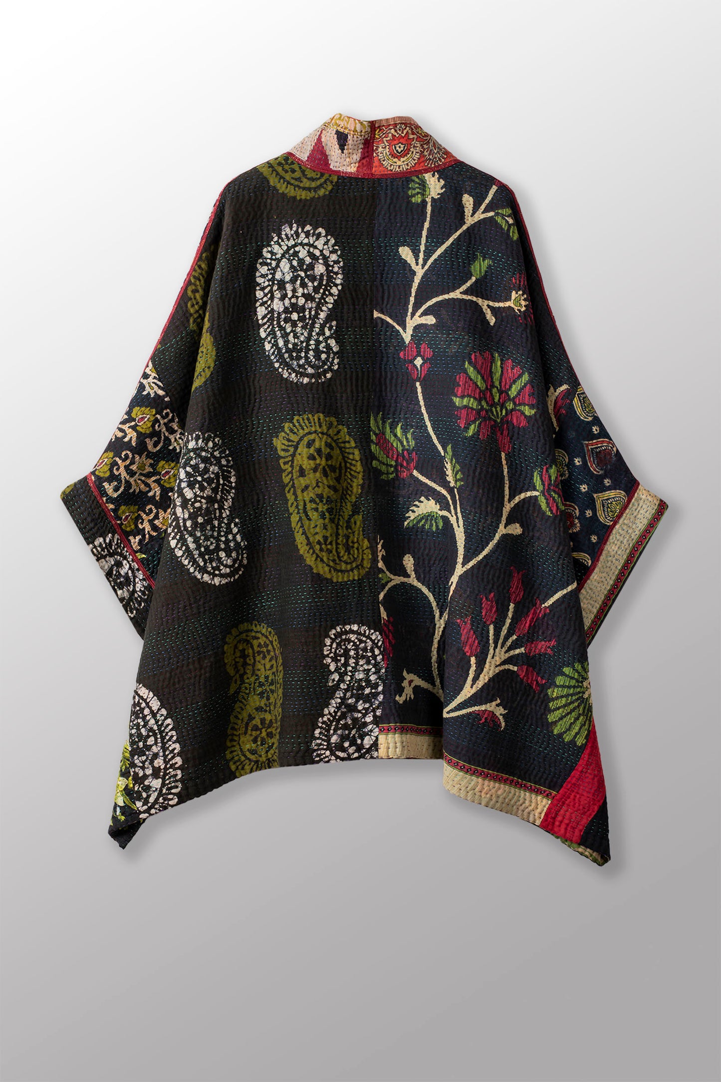 PUZZLE KANTHA DOUBLE COLLAR PONCHO - pz4323-grn -