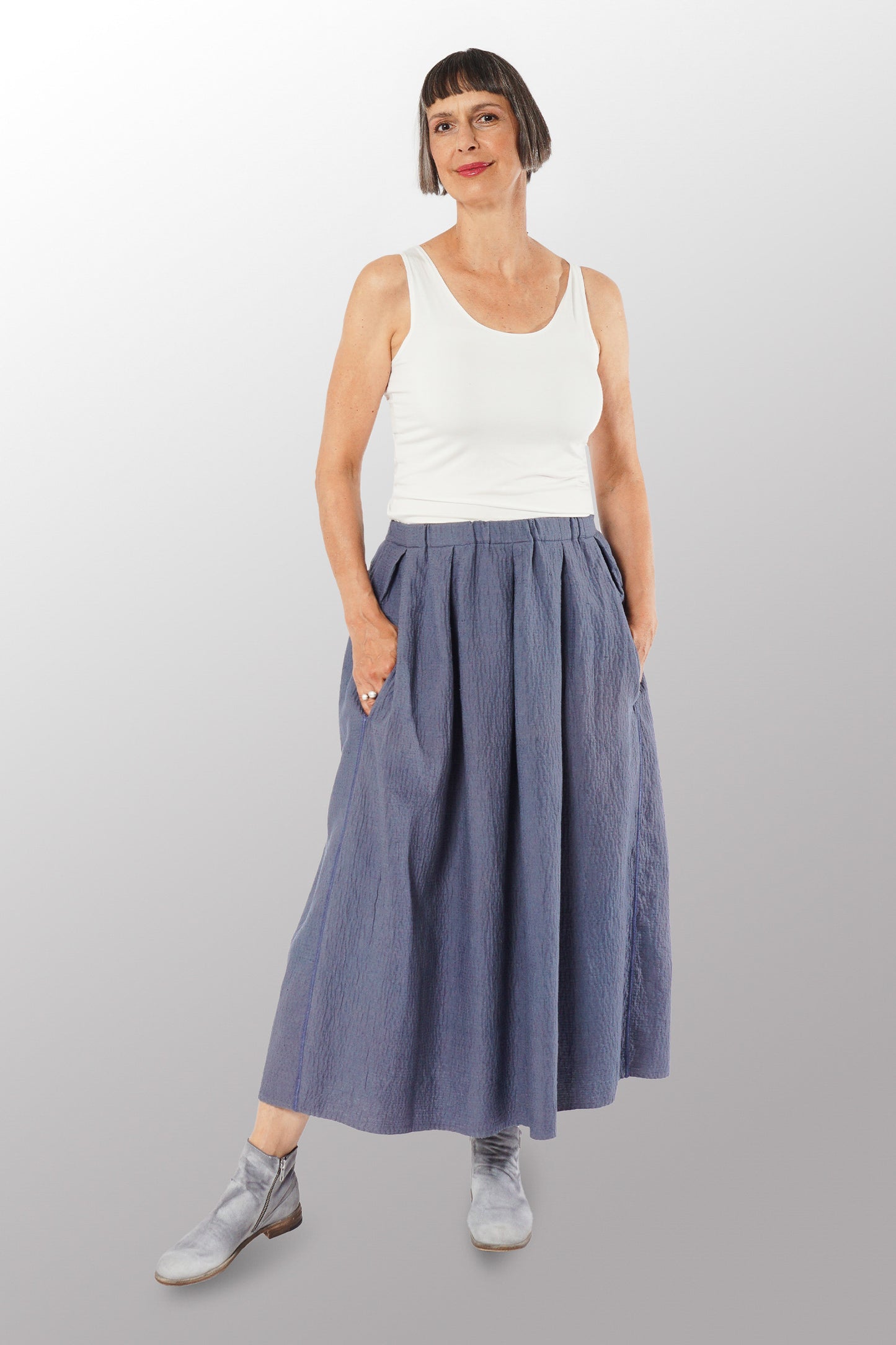 RIPPLE KANTHA TUCKED GATHER SKIRT - rp2663-nvy -