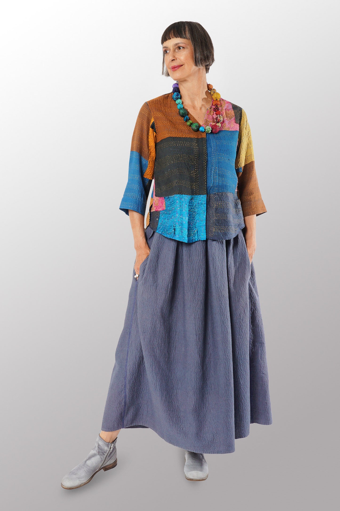 RIPPLE KANTHA TUCKED GATHER SKIRT - rp2663-nvy -