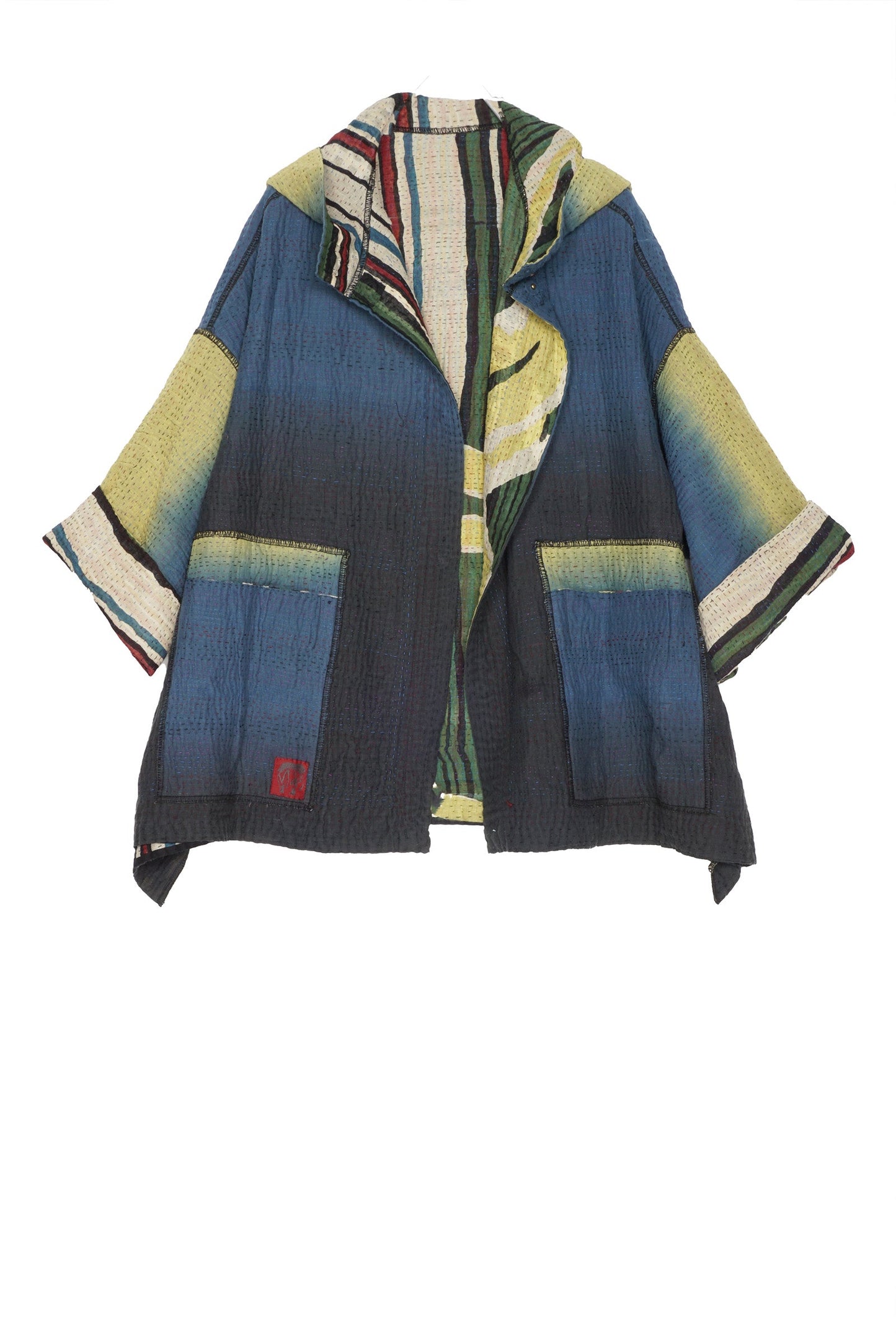 STRIPE AND BENDS KANTHA HOODIE PONCHO