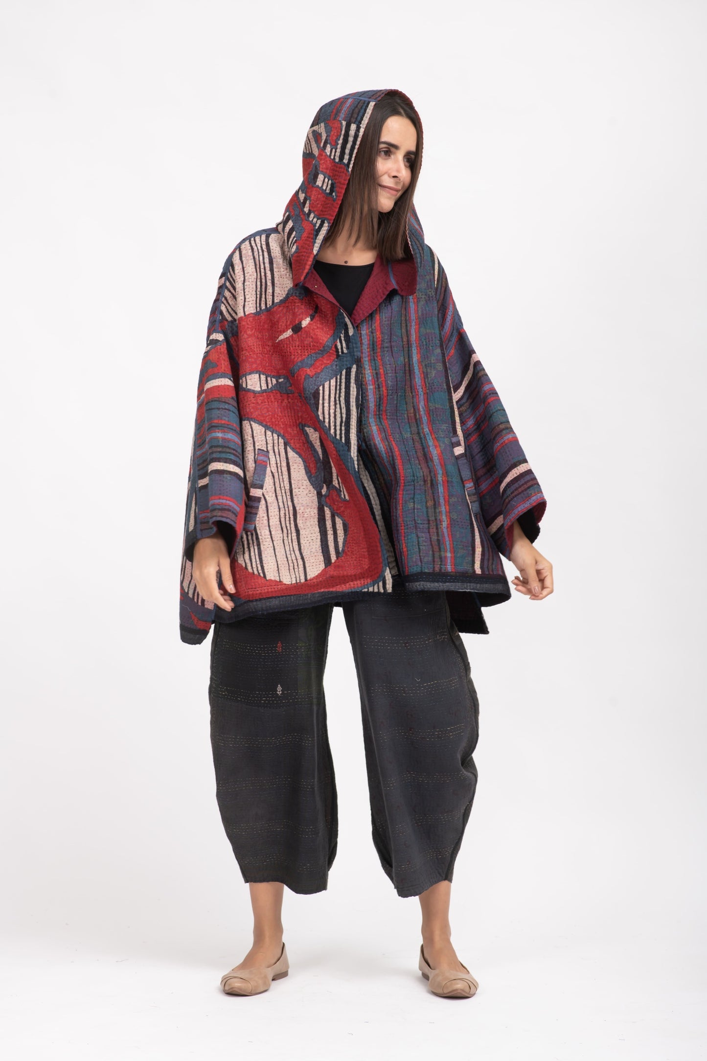 STRIPE AND BENDS KANTHA HOODIE PONCHO - sb4064-red -