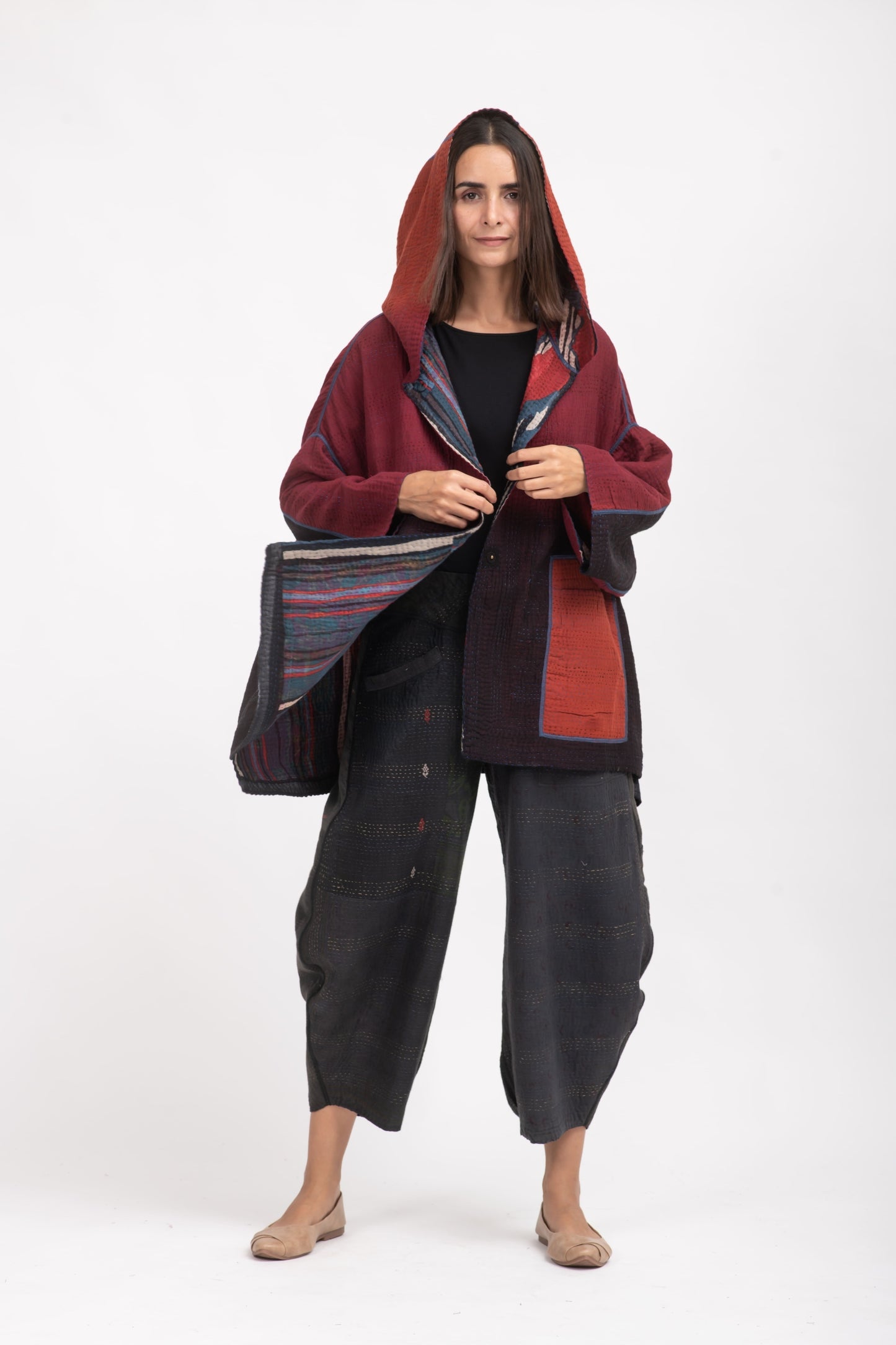 STRIPE AND BENDS KANTHA HOODIE PONCHO - sb4064-red -