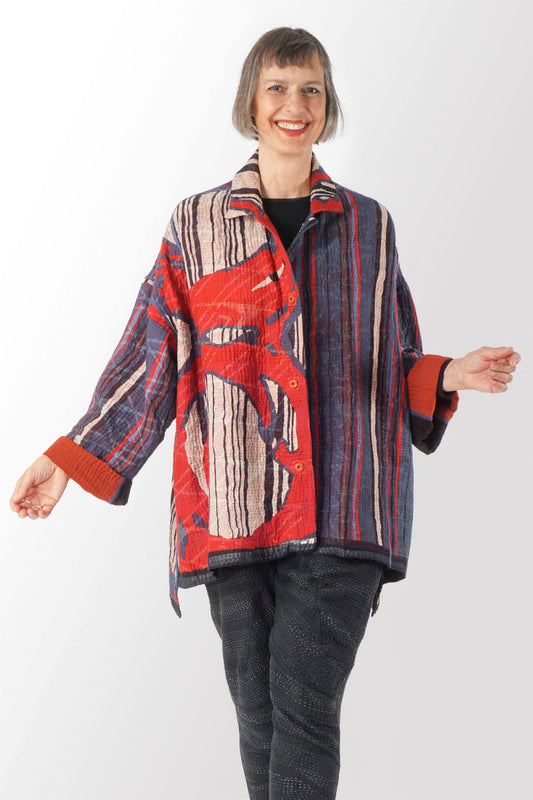 STRIPE AND BENDS KANTHA OVERSIZED MINI COAT - sb4332-red -