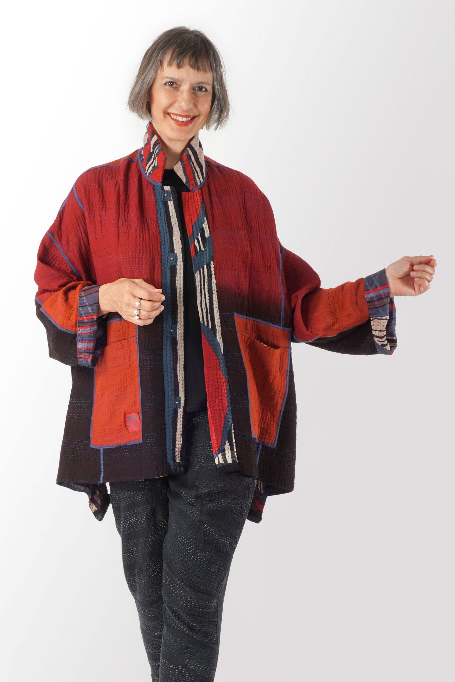 STRIPE AND BENDS KANTHA OVERSIZED MINI COAT - sb4332-red -