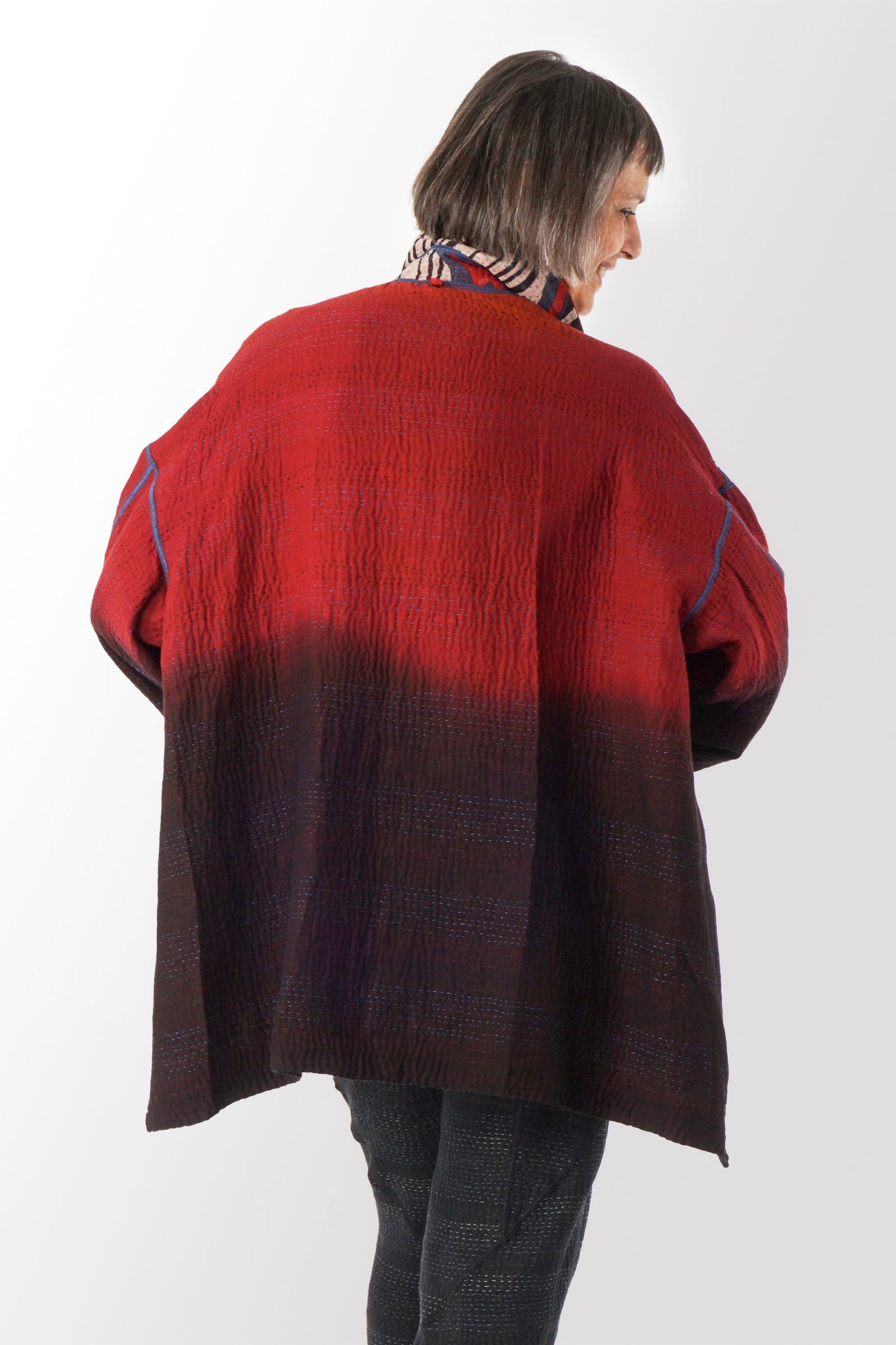 STRIPE AND BENDS KANTHA OVERSIZED MINI COAT - sb4332-red -