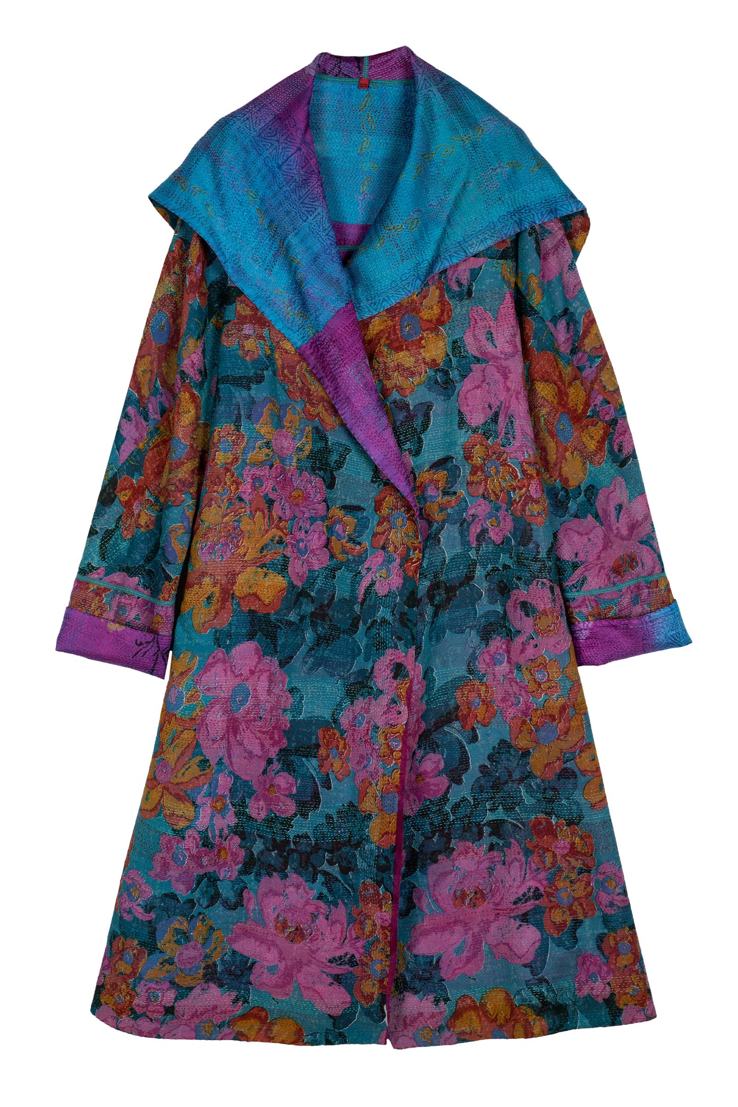 VINTAGE SILK GEORGETTE KANTHA HOODED A-LINE LONG COAT - sg2306-0002a -