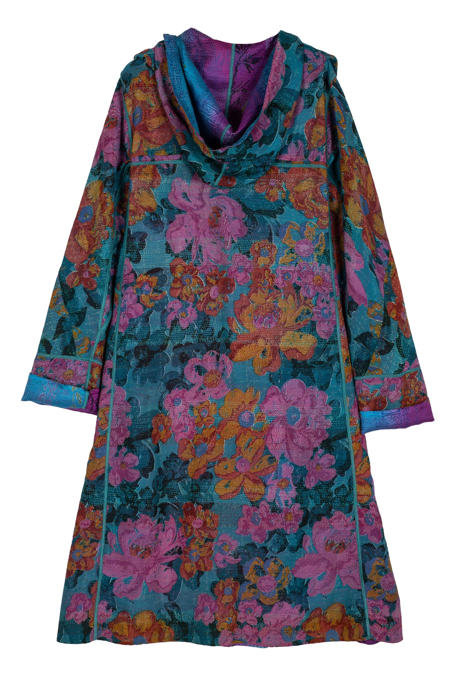 VINTAGE SILK GEORGETTE KANTHA HOODED A-LINE LONG COAT - sg2306-0002a -