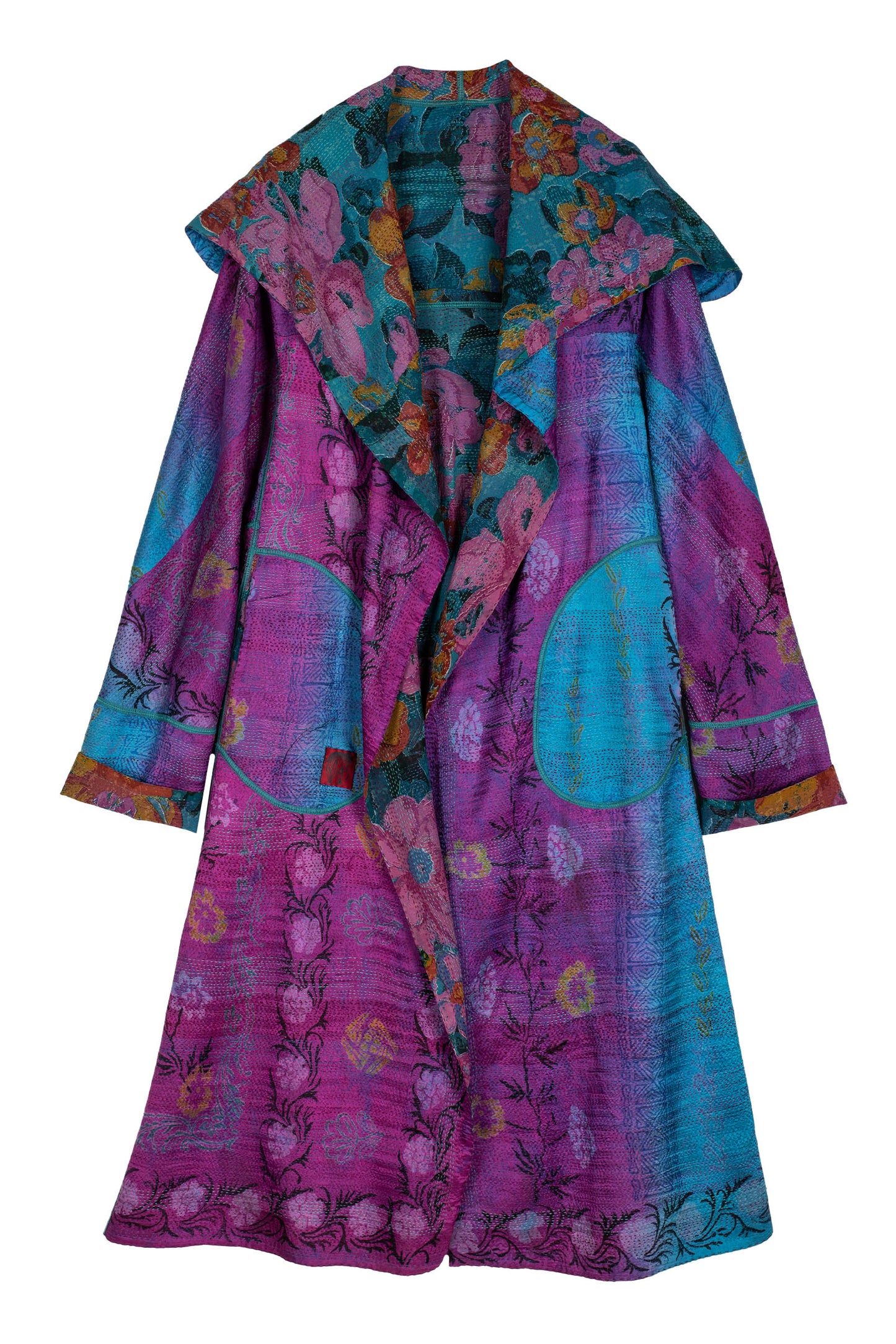 VINTAGE SILK GEORGETTE KANTHA HOODED A-LINE LONG COAT - sg2306-0002a -