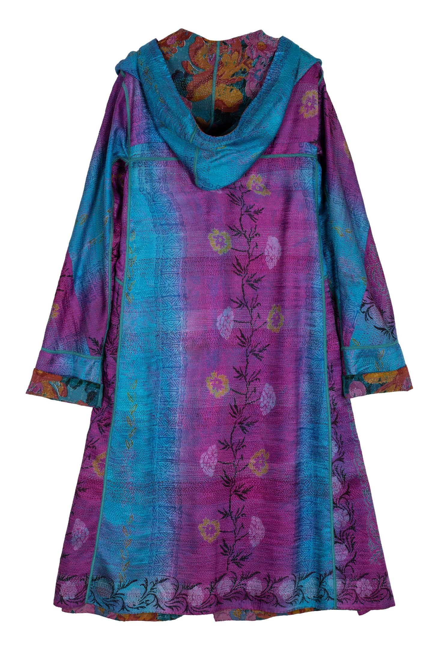 VINTAGE SILK GEORGETTE KANTHA HOODED A-LINE LONG COAT - sg2306-0002a -