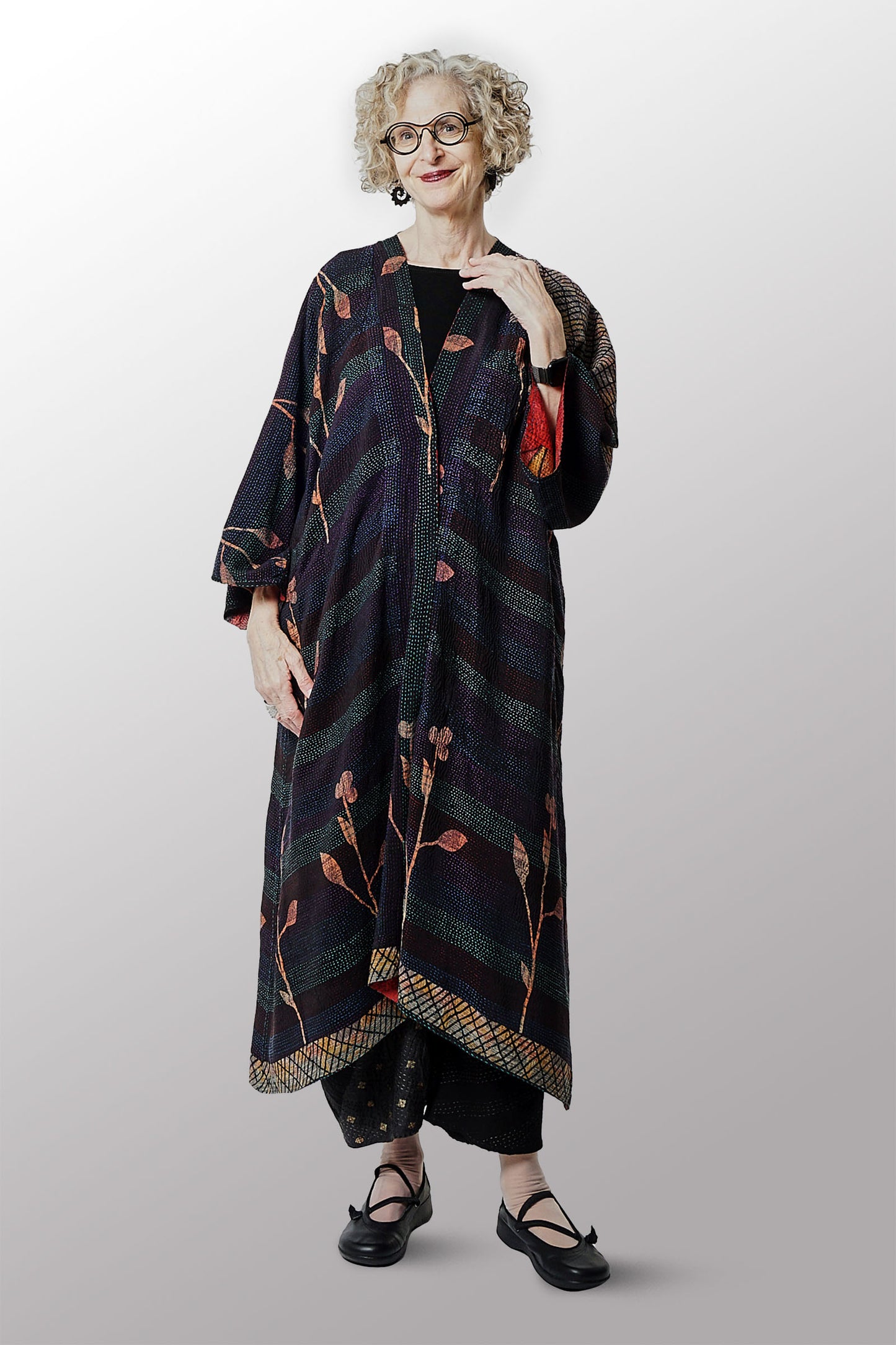 VINTAGE SILK GEORGETTE KANTHA KIMONO MAXI - sg2318-0002a -