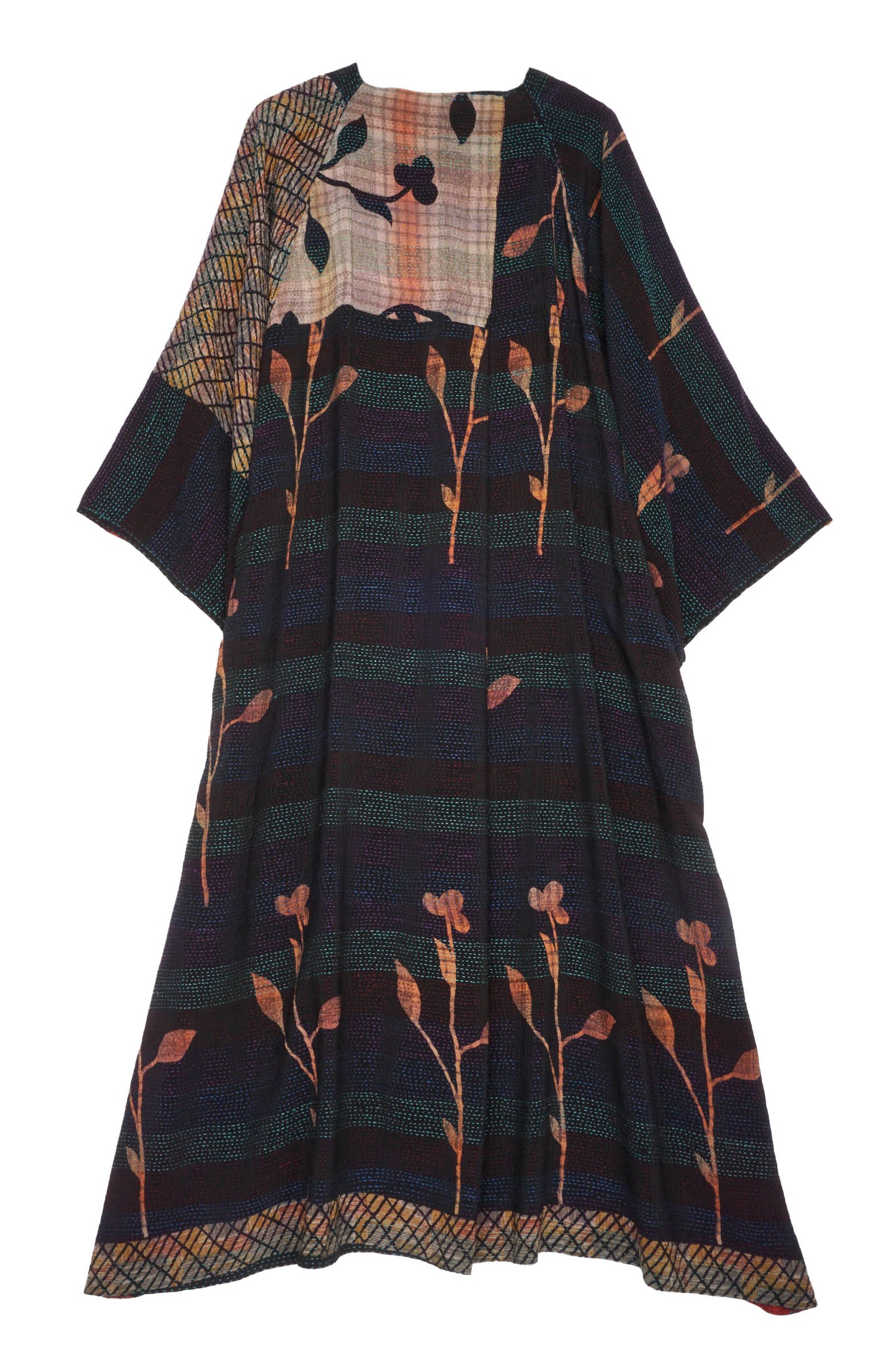 VINTAGE SILK GEORGETTE KANTHA KIMONO MAXI - sg2318-0002a -