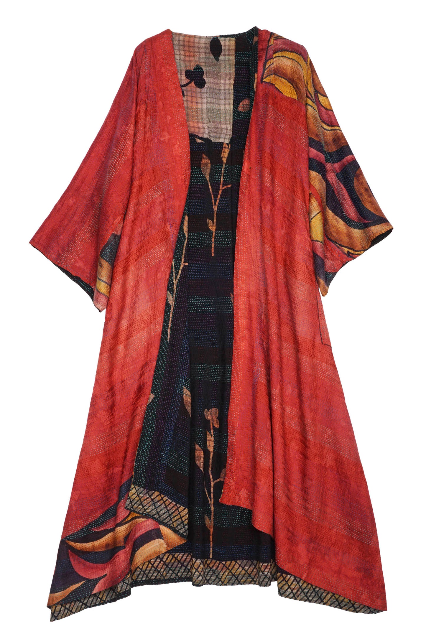 VINTAGE SILK GEORGETTE KANTHA KIMONO MAXI - sg2318-0002a -