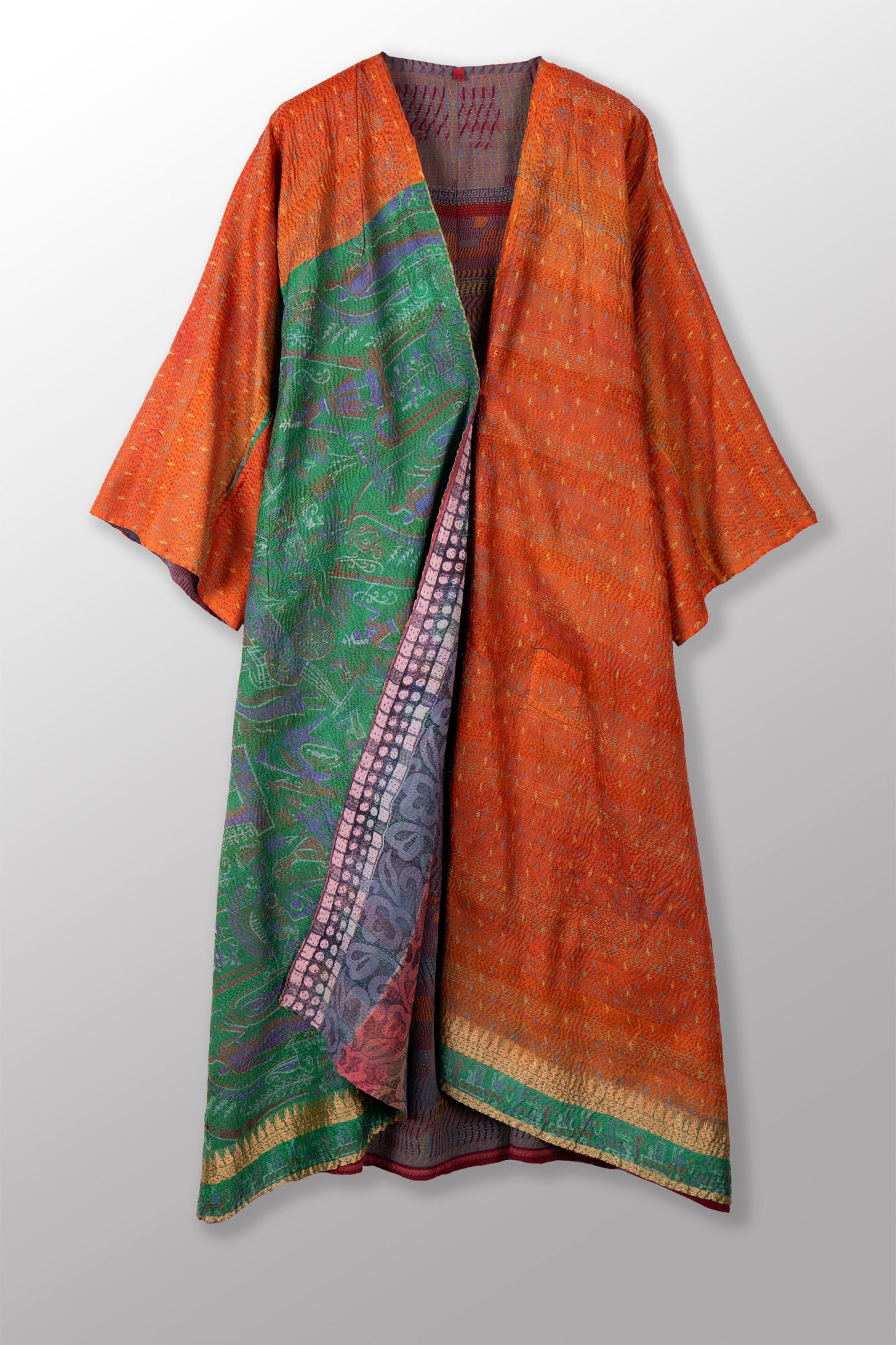 VINTAGE SILK GEORGETTE KANTHA KIMONO MAXI - sg2318-0004a -