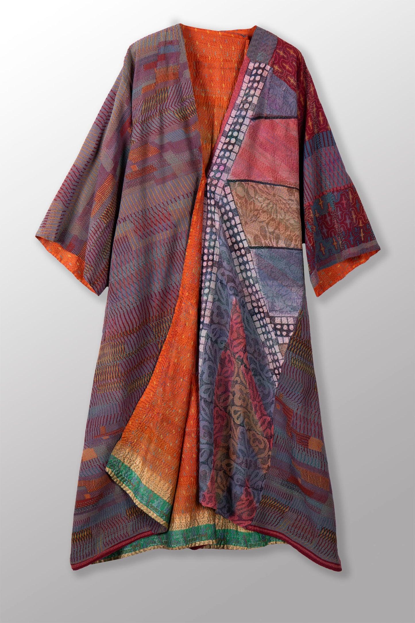 VINTAGE SILK GEORGETTE KANTHA KIMONO MAXI - sg2318-0004a -