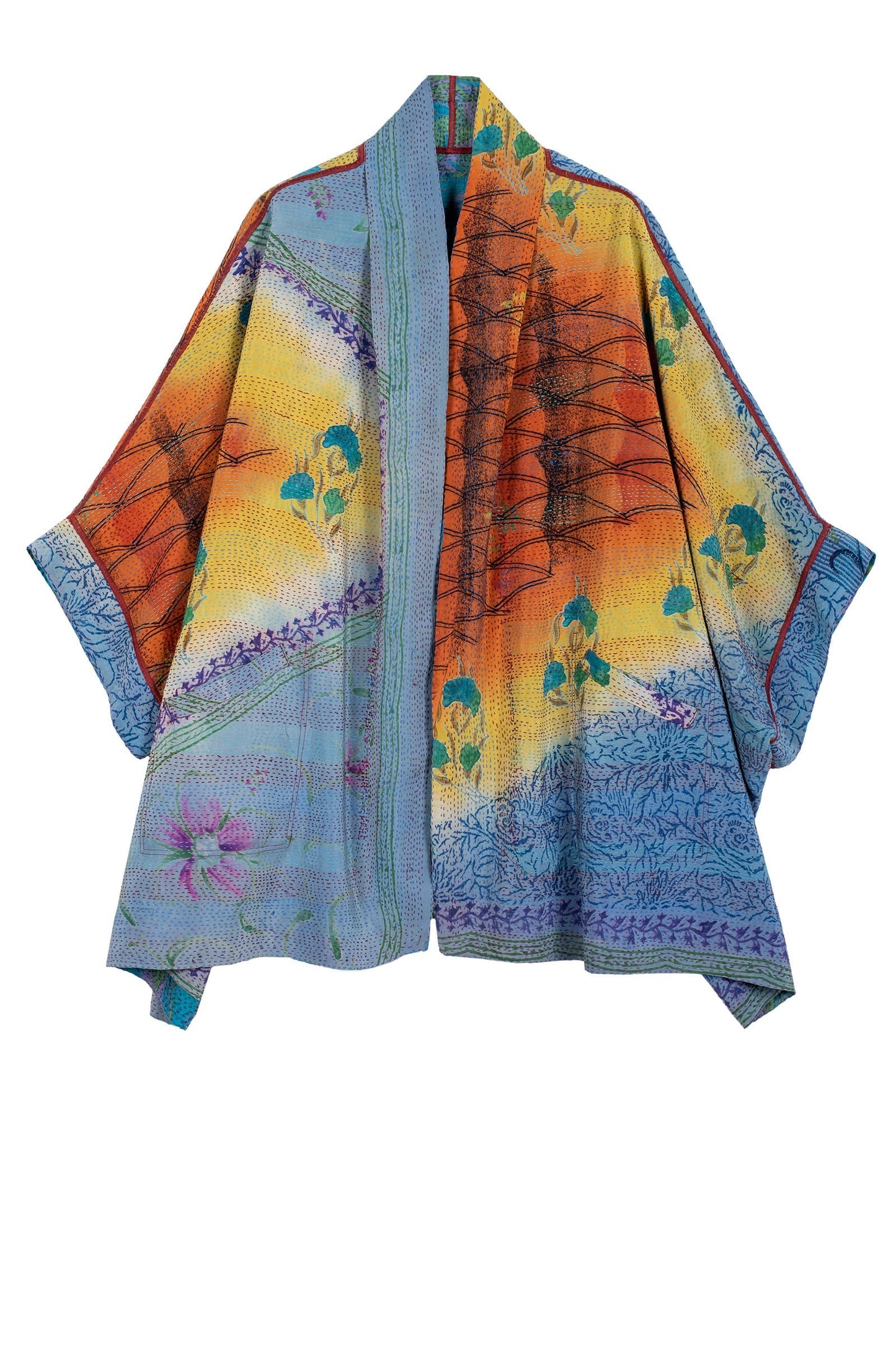 VINTAGE SILK GEORGETTE KANTHA DOUBLE COLLAR PONCHO - sg2323-0001a -