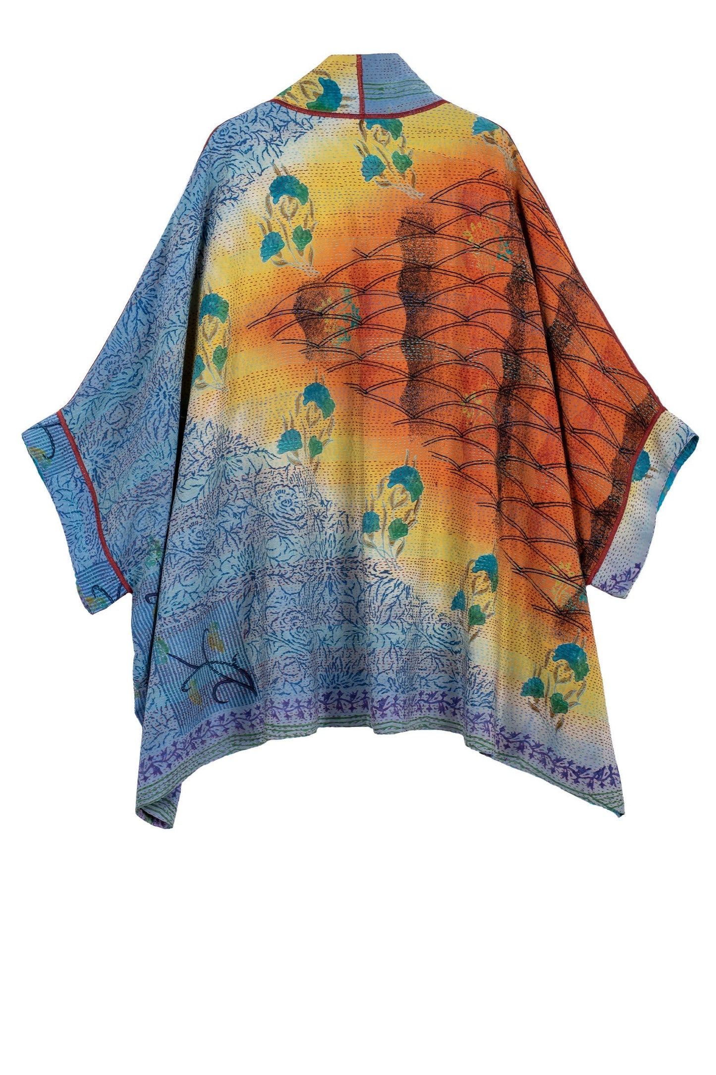 VINTAGE SILK GEORGETTE KANTHA DOUBLE COLLAR PONCHO - sg2323-0001a -