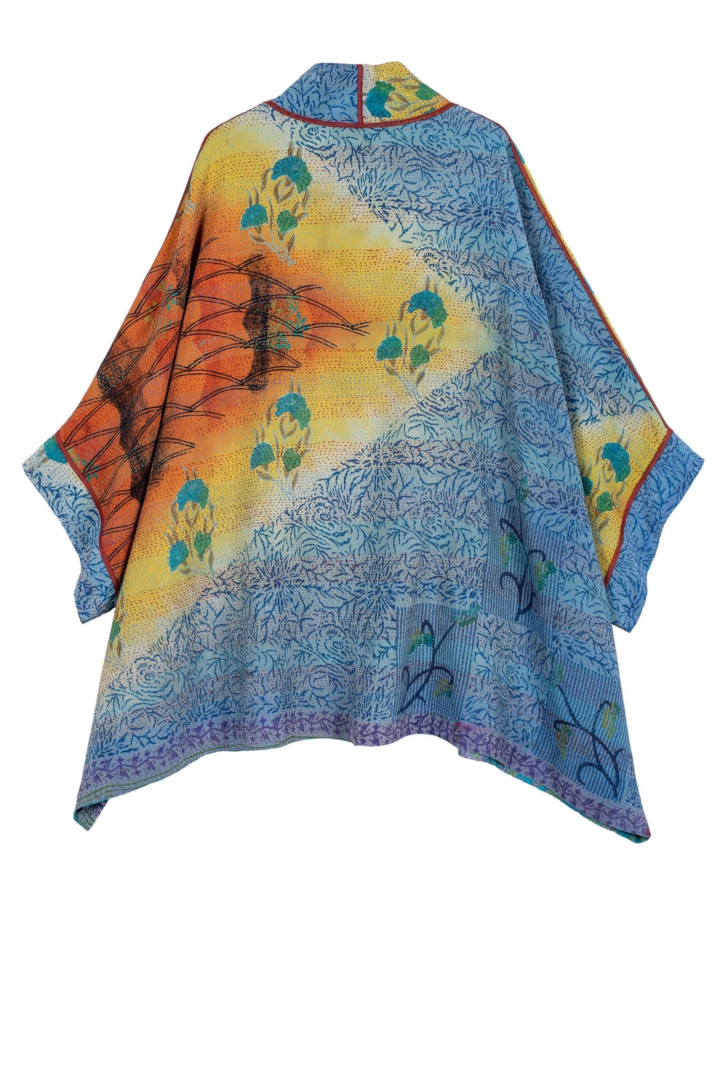 VINTAGE SILK GEORGETTE KANTHA DOUBLE COLLAR PONCHO - sg2323-0002a -